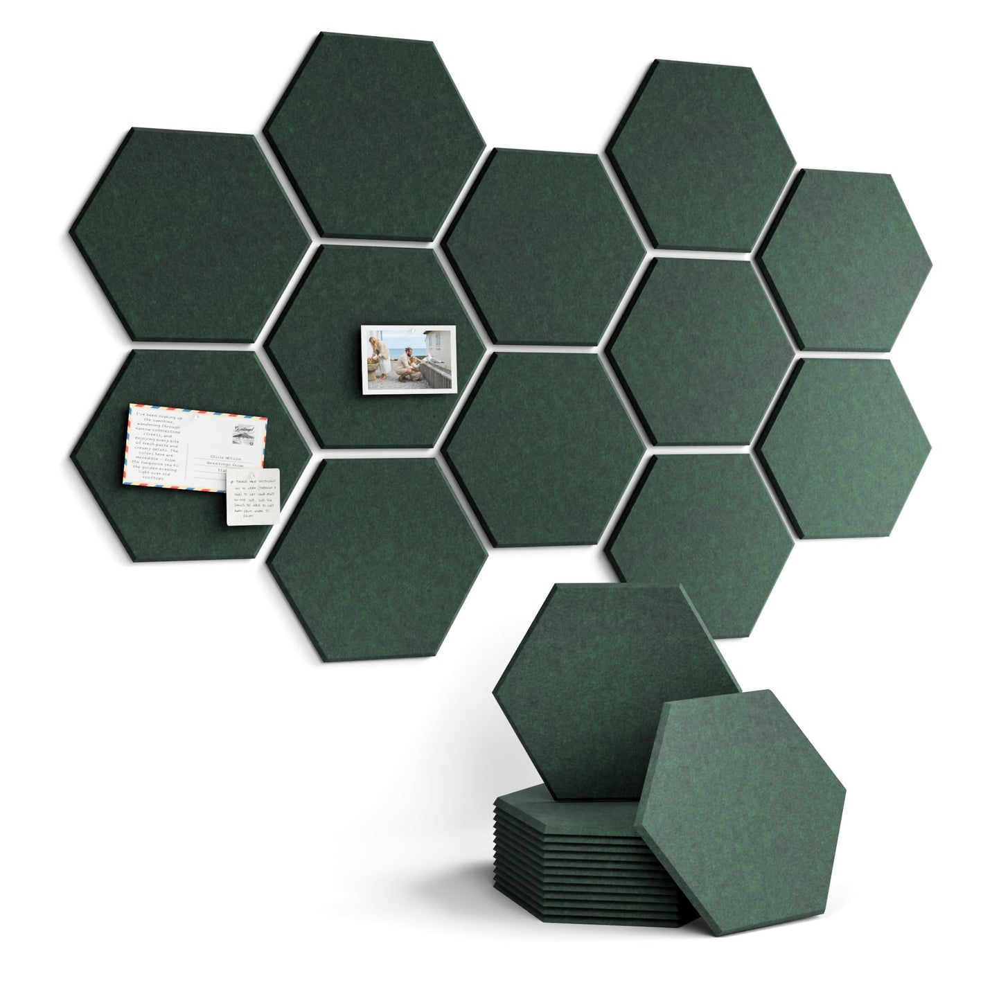 Fluxynara Hexagon Cork Board Alternative for Walls Decor-12-Pack Felt Bulletin Board Tiles,with 30 Pushpins,70 Adhesive Tabs for Office,Classrooms & Home Pin Board Felt Board-Pine Green