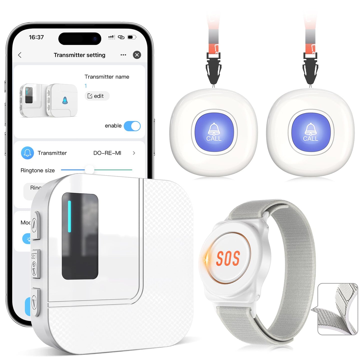 CallToU Wi-Fi Wireless Caregiver Pager Call Button for Elderly at Home , APP Emergency Alert for Seniors, Patients, and the Disabled with 2 Call Button, 1 Watch Button, 1 Receiver (2.4GHz Wi-Fi)