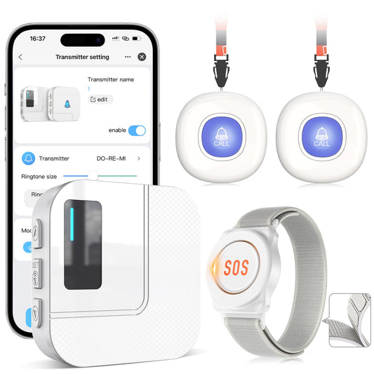 CallToU Wi-Fi Wireless Caregiver Pager Call Button for Elderly at Home , APP Emergency Alert for Seniors, Patients, and the Disabled with 2 Call Button, 1 Watch Button, 1 Receiver (2.4GHz Wi-Fi)