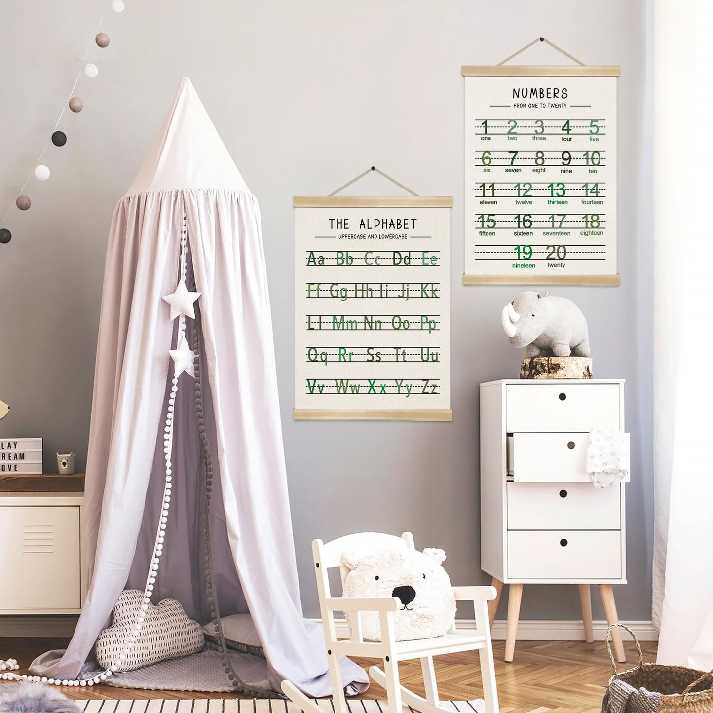 Alphabet and Numbers Wall Chart Set of 2 ,Toddler Educational Posters,ABC and 1-20 Number Learning Banners for Toddlers, Preschool Classroom, Homeschool, Nursery, Playroom Decor 14 x 18.5 Inch(Green)