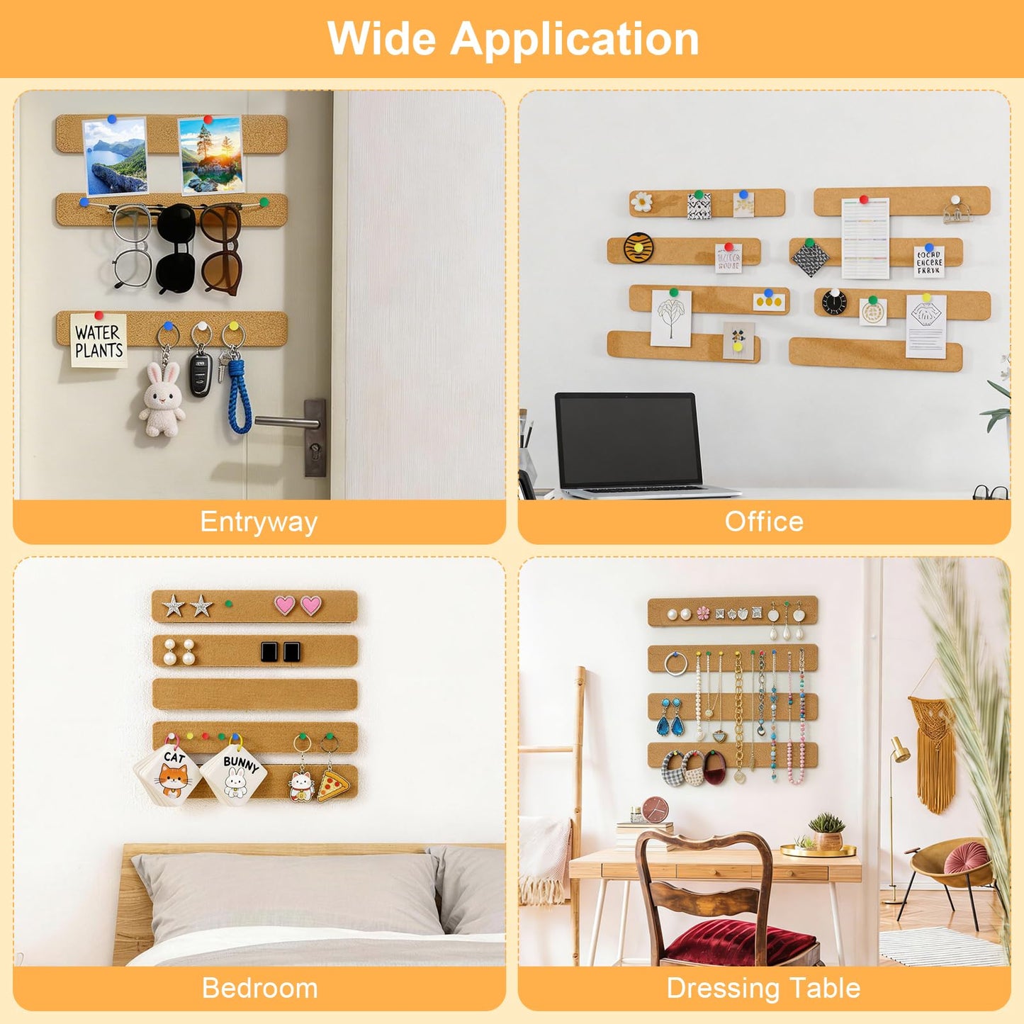 Fushing Cork Boards Felt Bulletin Boards, 13"x2" Pin Boards with Push Pins, Self-Adhesive, No-Drill Wall Mount Pin Boards for Classroom, Office, Home, Dorm, Bedroom Door (12)