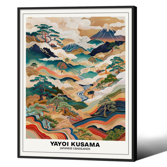 Vintage Yayoi Kusama Grasslands Posters Japanese Wall Art Yayoi Kusama Abstract Landscape Canvas Print for Stylish Room Bedroom Living Room Gallery Decor 12x16in Black Framed