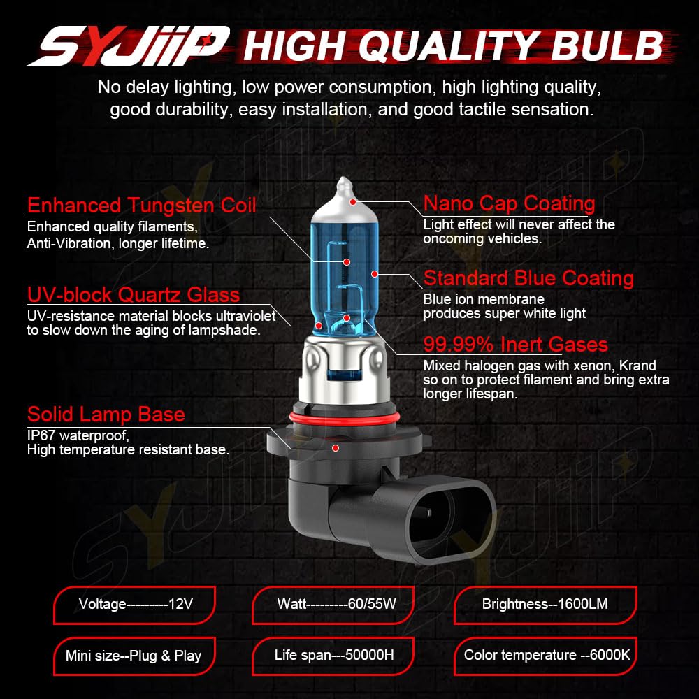 SYJIIP Halogen Headlight Bulbs 9005 High Beam H11 Low Beam 6000K White 4-Pack Compatible with Honda Accord 2013-2018 and Coupe 2008