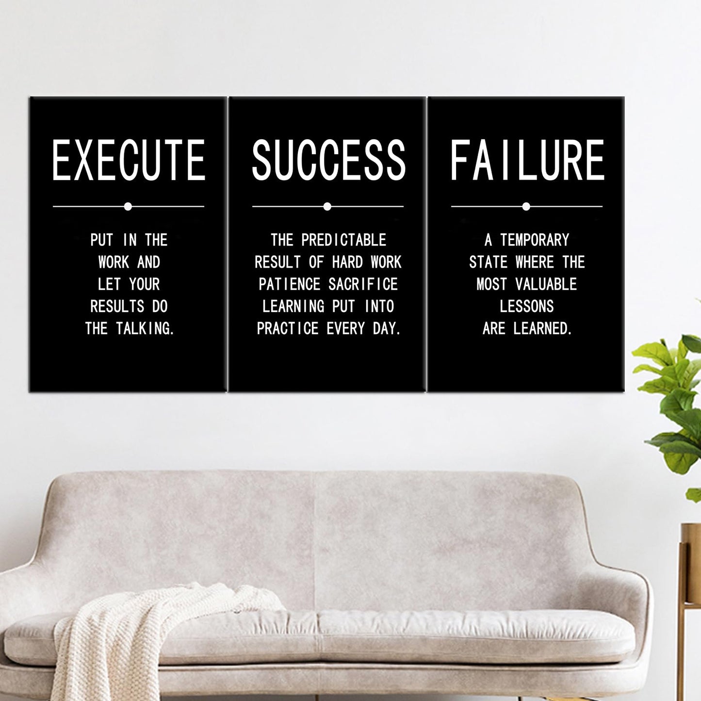 Success Quote Canvas Painting Wall Art Inspirational Wall Art Execute Failure Definition 3 Pieces Black Poster Positive Motivational Framed Artwork Prints Picture for Living Room Office [72''Wx 36''H]