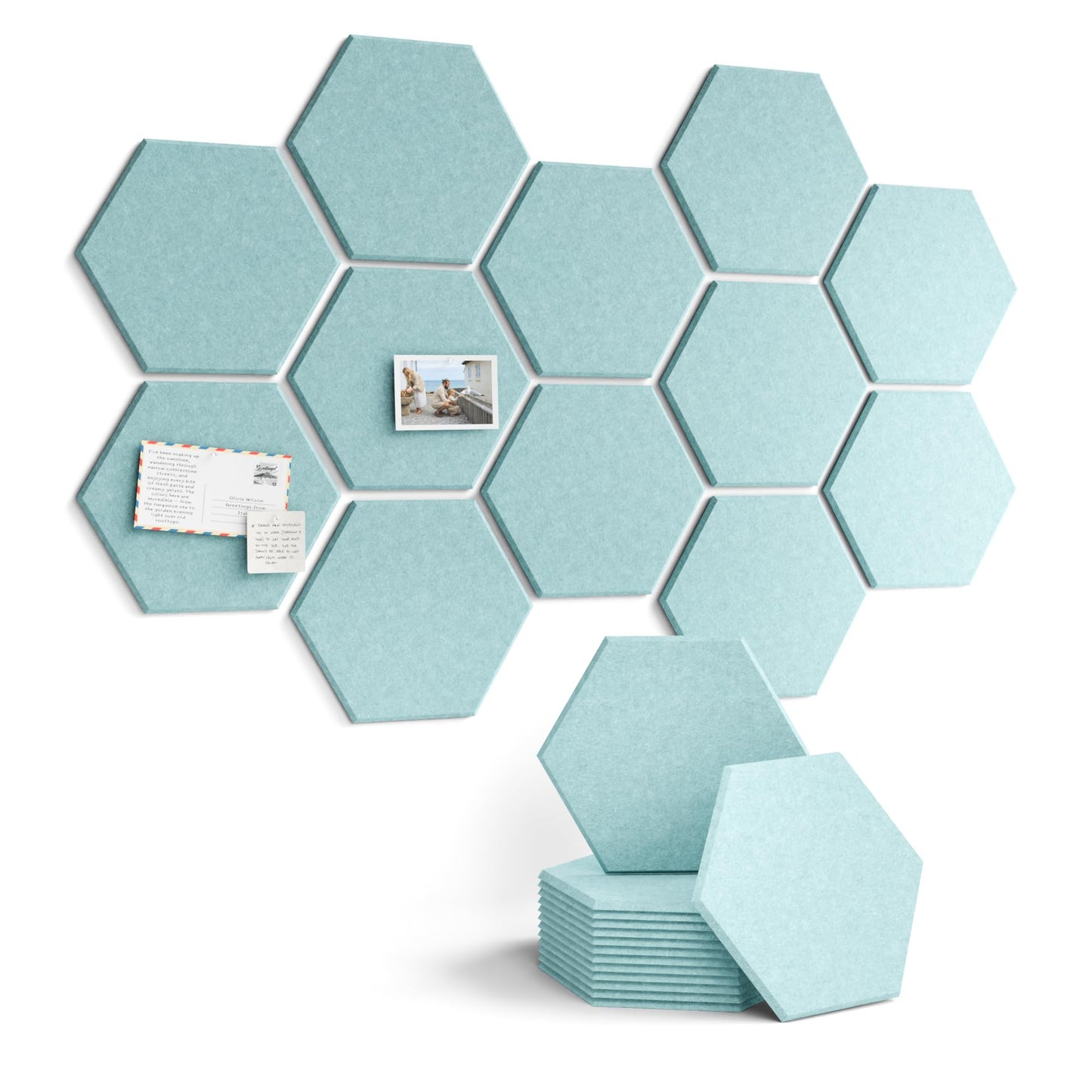 Fluxynara Hexagon Cork Board Alternative for Walls Decor-12-Pack Felt Bulletin Board Tiles,with 30 Pushpins,70 Adhesive Tabs for Office,Classrooms & Home Pin Board Felt Board-Teal Blue