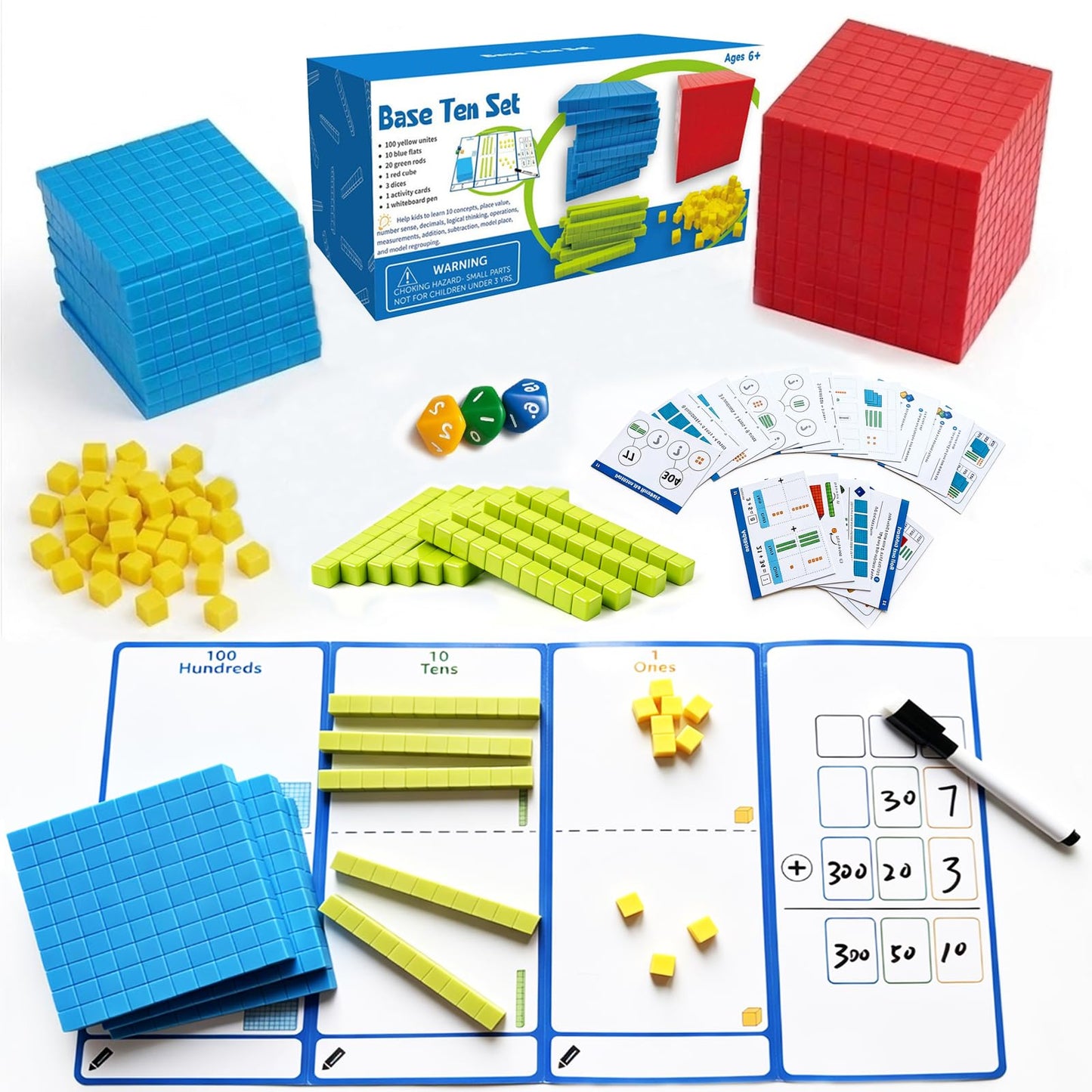153 pcs Base Ten Blocks Math Manipulatives, Counting Cubes Set for Kids, Place Value Blocks for Kindergarten 1st Grade Classroom Homeschool Learning Kit