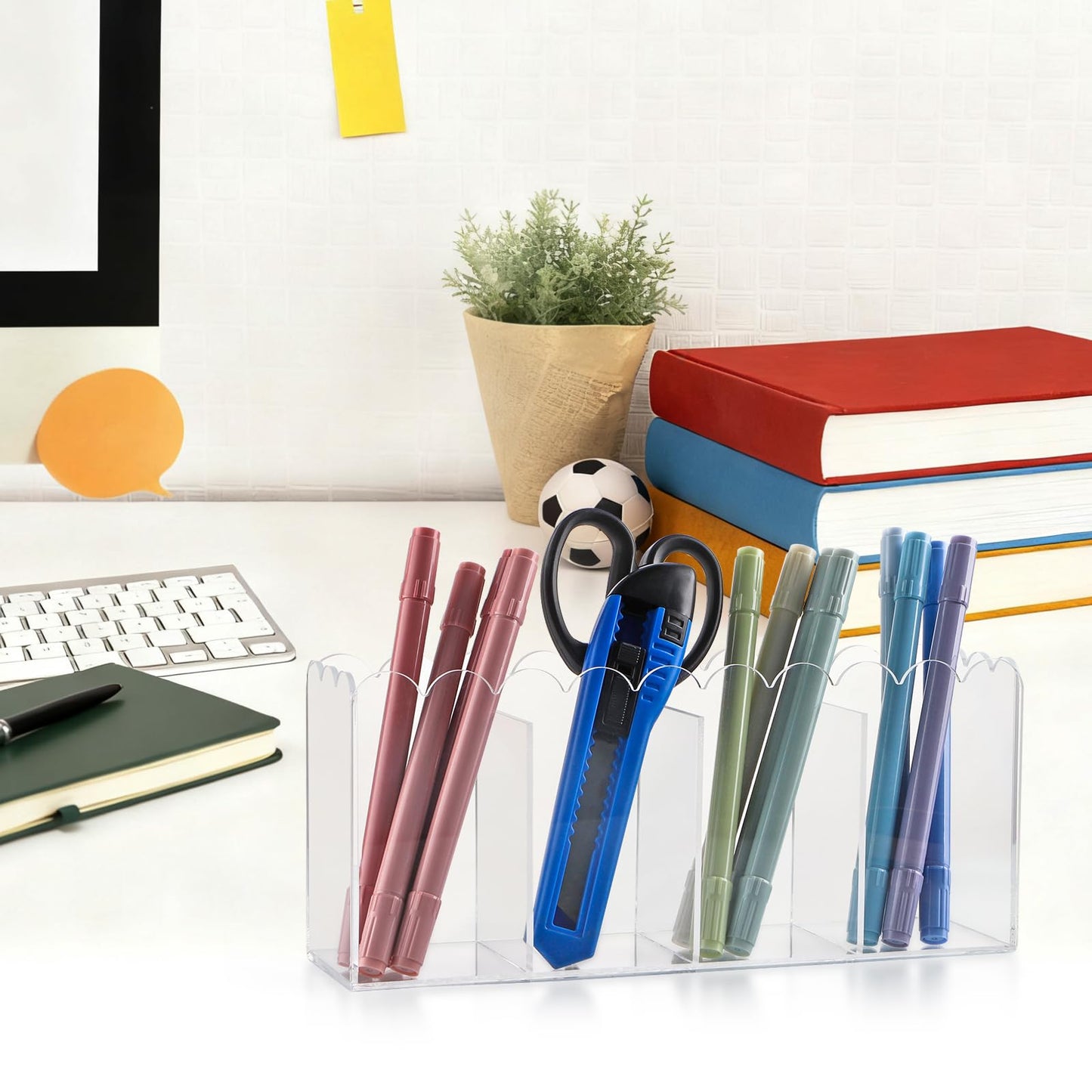 MOLIGOU Acrylic Pencil Holder, 4 Compartments Clear Pen Organizer, Desktop Pencil Holder with Scalloped Edges