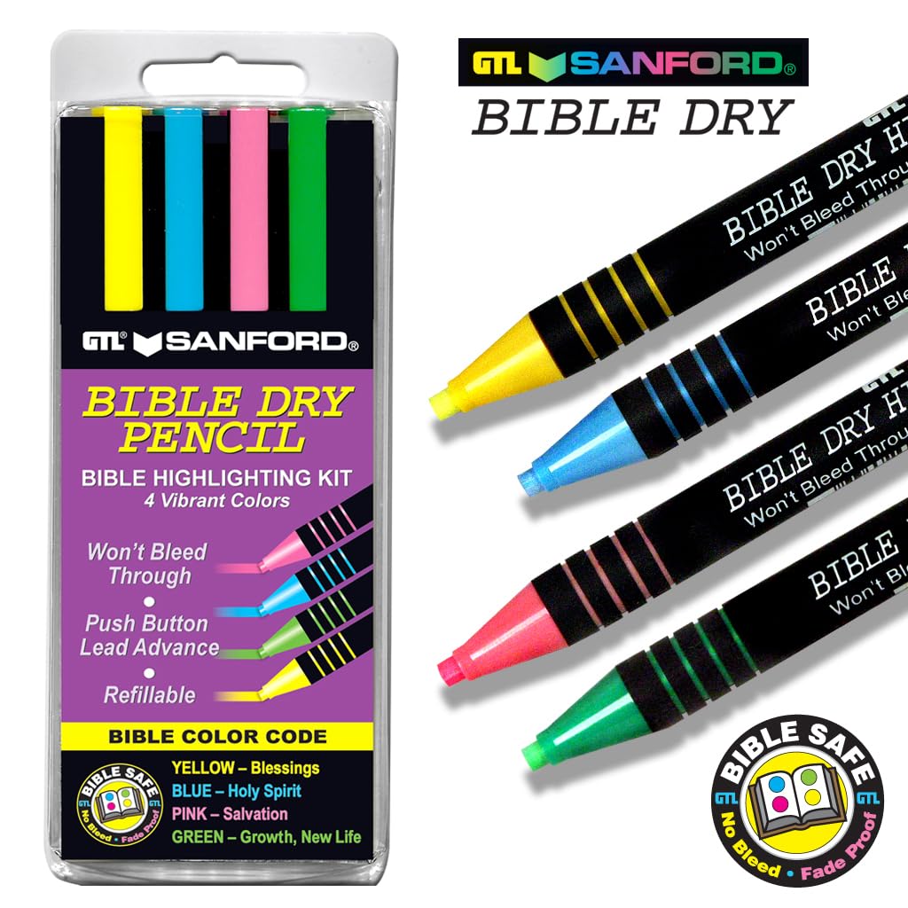 G.T. Luscombe Company, Inc. Bible Dry Highlighting Kit | No Bleed Eco-Friendly Refillable Dry Highlighters | No Sharpening | No Smearing or Fading | Yellow, Blue, Pink, Green (Set of 4)