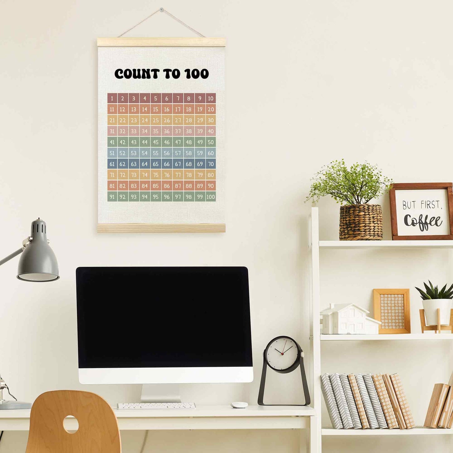 TLESKE Boho Classroom 1-100 Number Hundreds Chart Poster Hanger Frame, Homeschool Hanging Wall Art Decor for Toddlers Kids Room Nursery Playroom, Preschool Prek Learning Educational Poster, 16x24