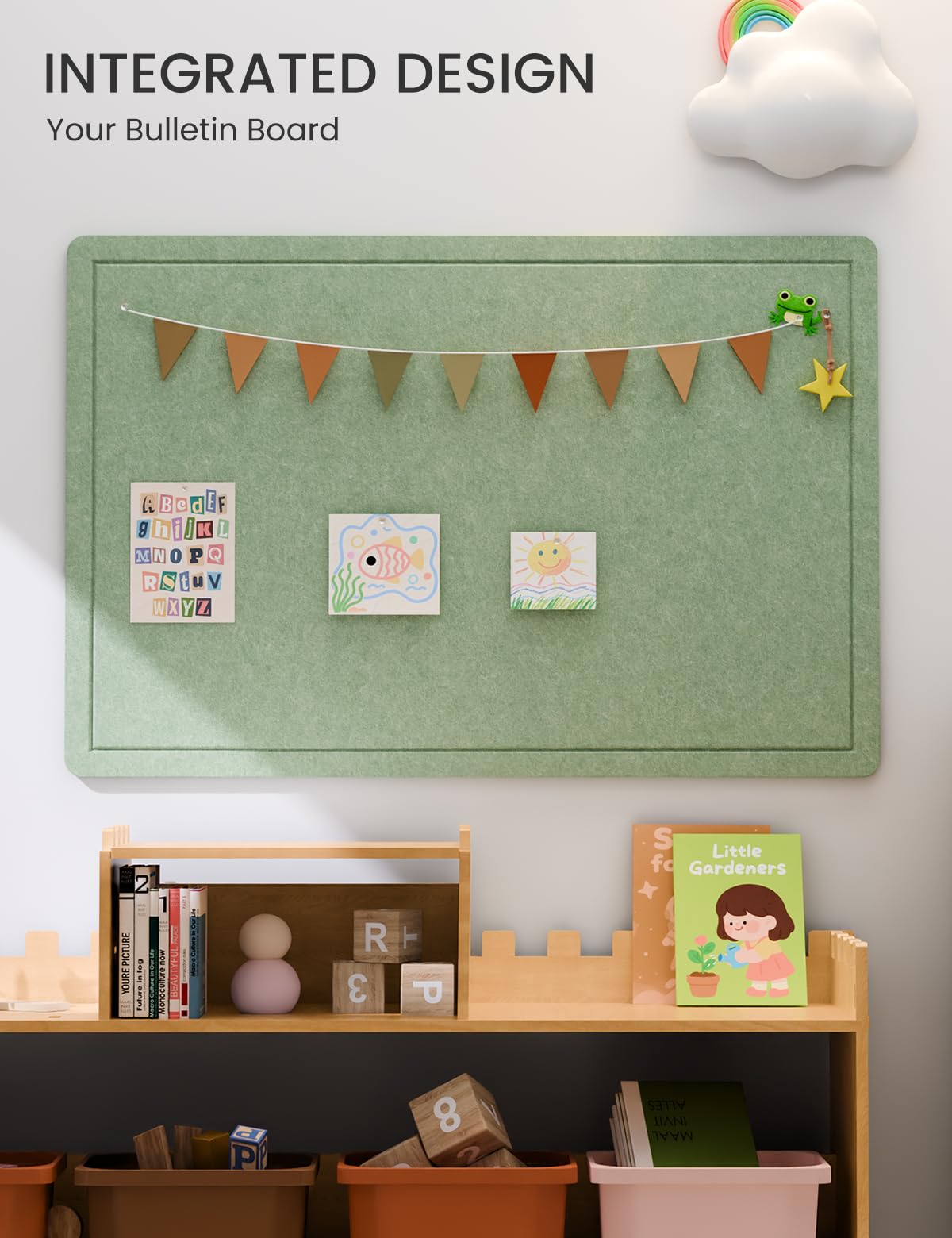 Fluxynara Bulletin Board,35.4" x 23.6" Cork Board Alternative with 12 Safe Removable Adhesive Tabs, Foldable Felt Pin Board for Home Office, Classroom, Bedroom,Entryway for Walls—Moss Green