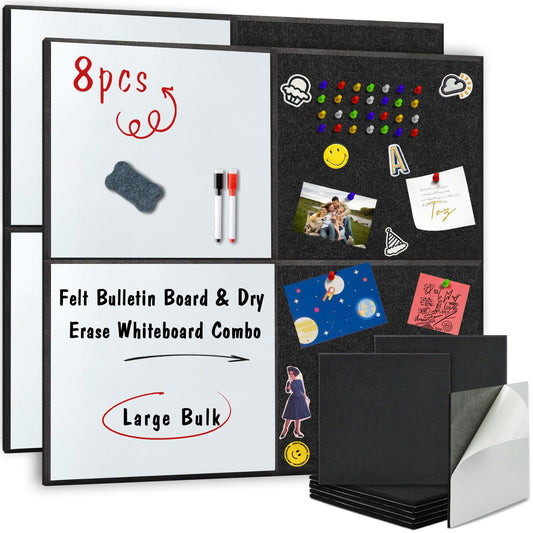 BXI Magnetic Dry Erase Whiteboard & Felt Bulletin Board with Pins Combo, 8 Pcs 12 X 12 X 3/8 Inch Self-Adhesive Vision Display Tiles, Note Memo Panels for Home School Education Office Wall Decor