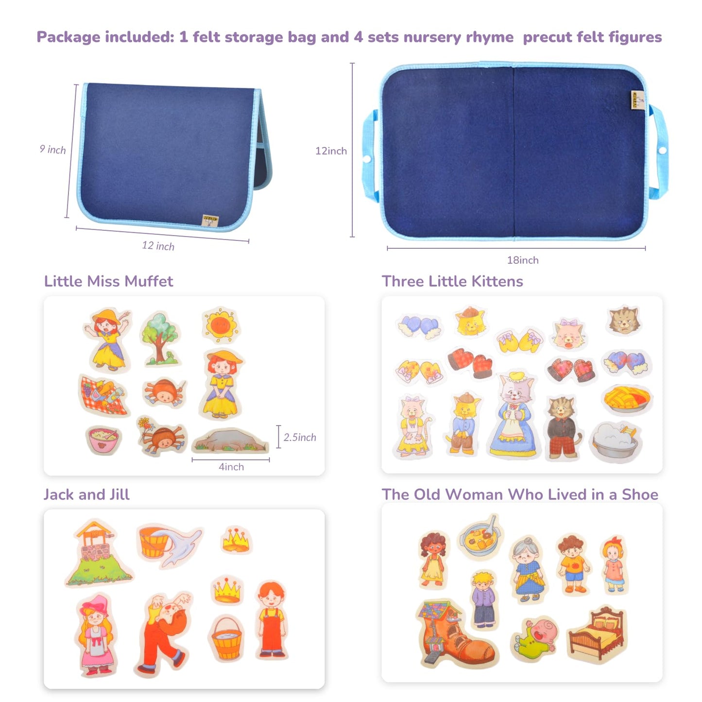 CHEFAN Felt/Flannel Board Story Set, PRECUT Felt Pieces for Preschool Toddlers Circle Time,Three Little Kittens,Old Woman Who Lived in Shoe,Little Miss Muffet,Jack and Jill
