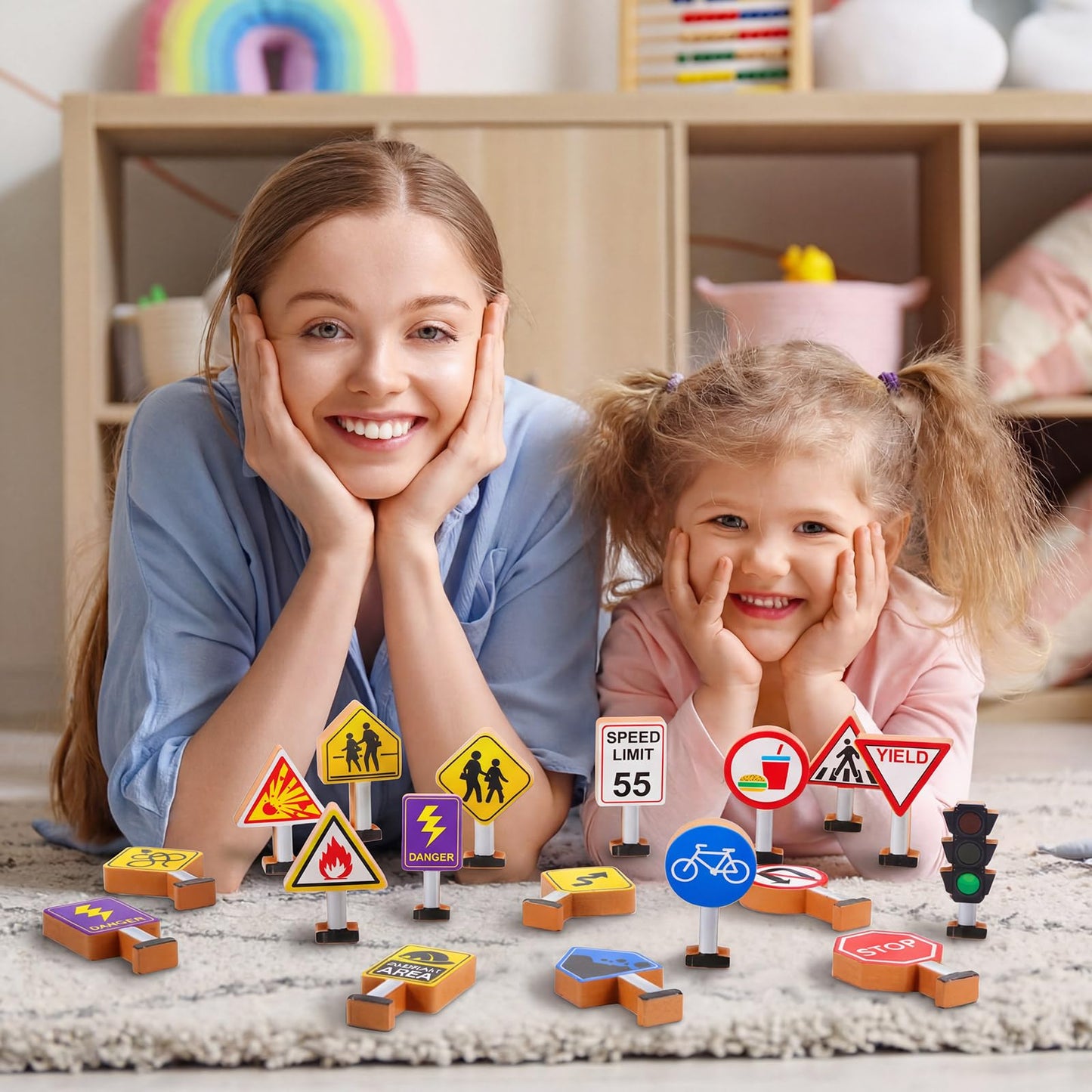 Blosssound Wooden Toys Set for Preschool Classroom - Multicultural Career People Blocks Educational Wooden Play for Kids Learning Toys Play Games Activity Supplies(32 Pcs,Traffic Signals)