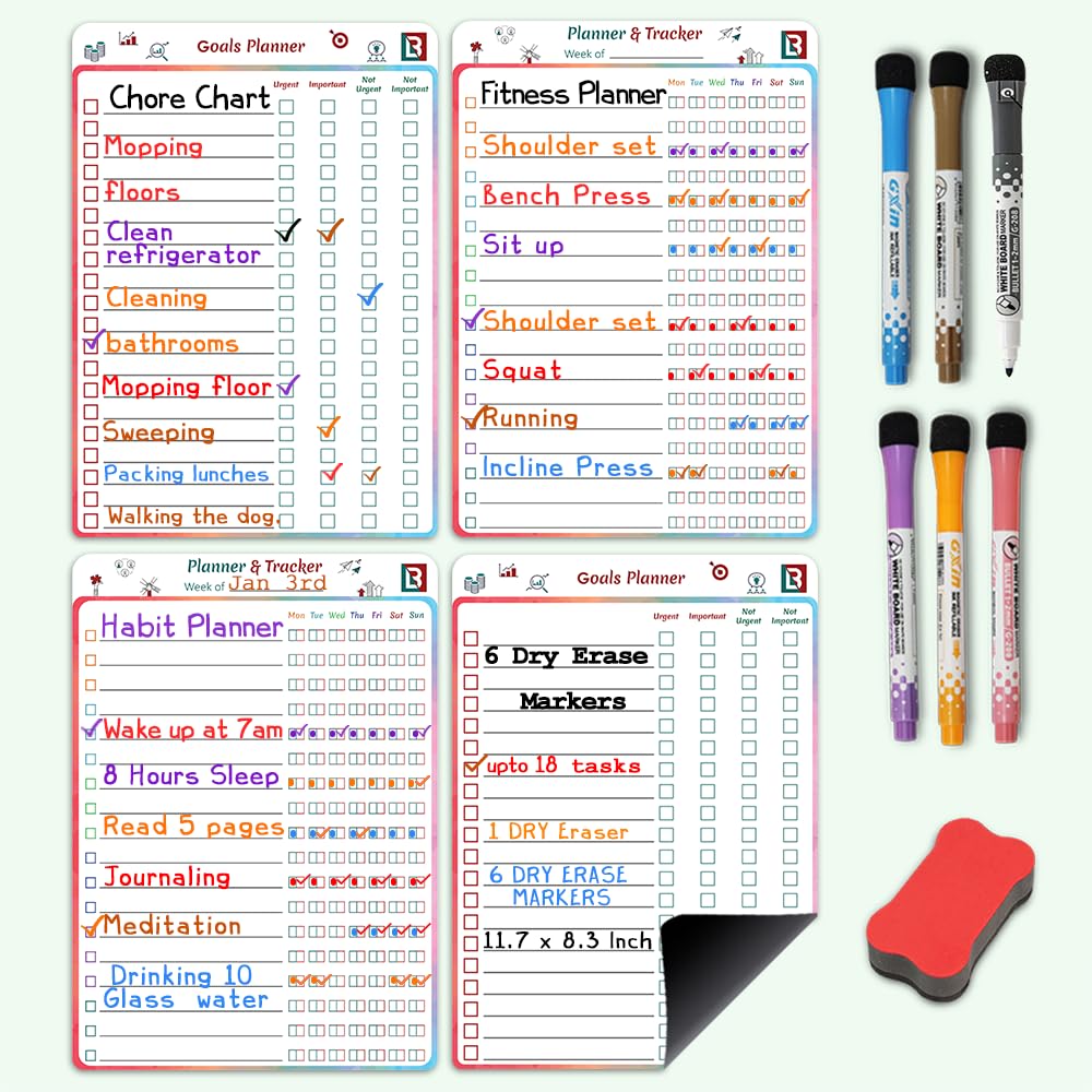 LAMBOCK 4 PCS Reusable Dry Erase Habit Tracker & Goal Planner |8.3 x 11.7''| with 6 PCS Magnetic Dry Erase Markers, Used as Fitness Planner, Reward, Behavior Chart & Chore Chart for Kids and Adults…