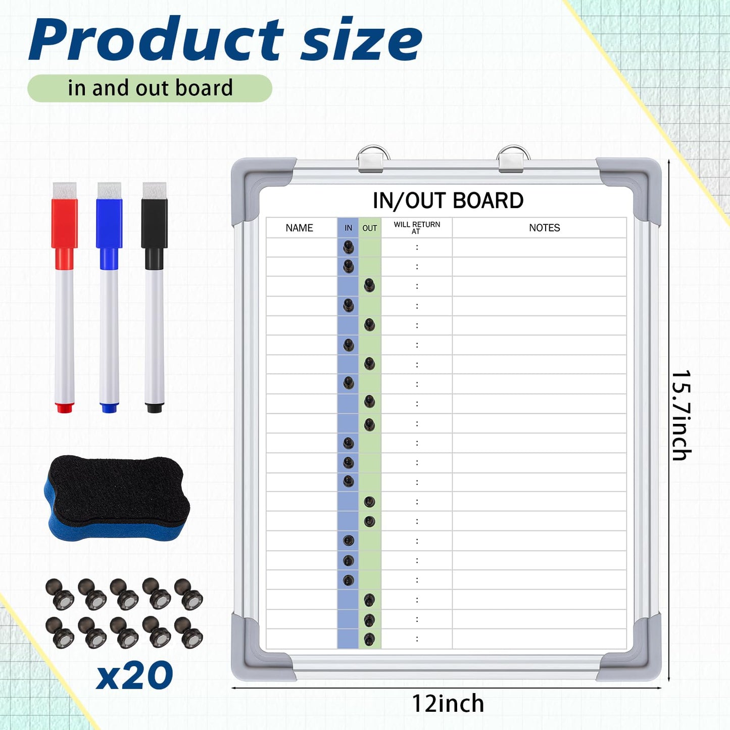 Lincia in and Out Magnetic Dry-Erase Board 16" x 12" Aluminum Framed White Board with Lines 21 Names with Magnetic Dry-Erase Marker, Eraser, and 20 Magnets Wall-Mounted for Office Employee