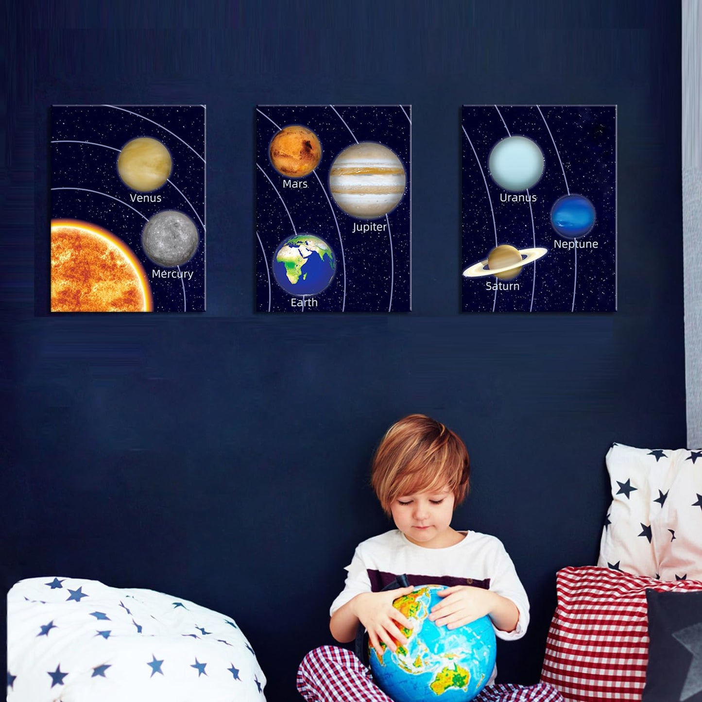 KAIRNE Boys Space Room Decor Framed Outer Space Wall Art Set of 3 (12X16inch) Kids Picture Planets Pictures Solar System Educational Teaching Poster for Boys Room Nursery Children Playroom Decor