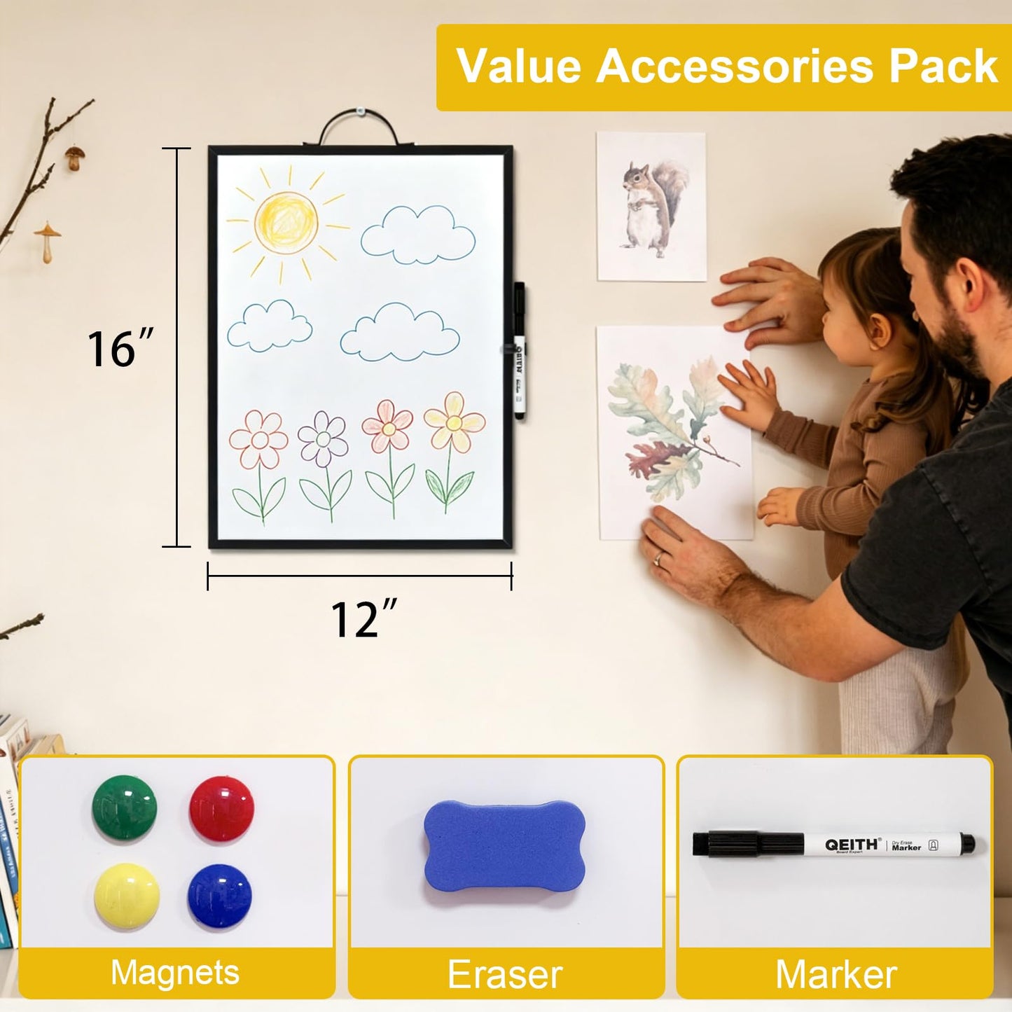 Small White Board,16"X12"Portable Aluminum Frame Whiteboard, Magnetic Double Sided Dry Erase Board, with A Handle and Side Pen Clip,for Office, Home,School,Includ 4 Magnets,1 Eraser,1 Marker (Black)