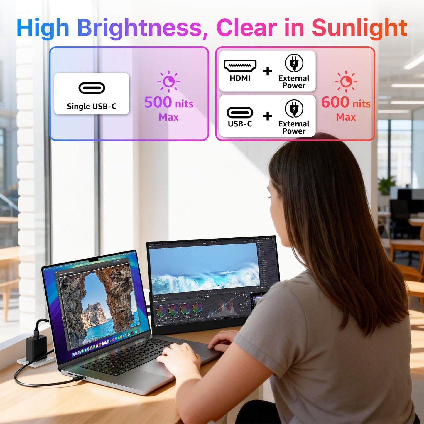 kksmart Portable Monitor for Laptop MacBook Surface PC Xbox PS5, Travel Monitor Second Screen for Laptop, HDMI USB-C VESA Compatible Built-in Speaker, 17.3