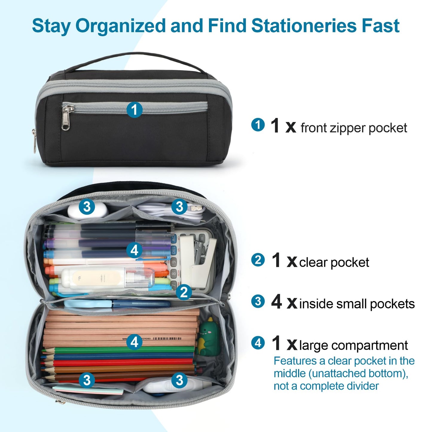 BrainyBees Large Capacity Pencil Case - Pencil Pouch for Teen Boys, Aesthetic Pouch Organizer with 8 Compartments, Wide Opening Marker Bag for Middle High School College, Fits Calculator, Black