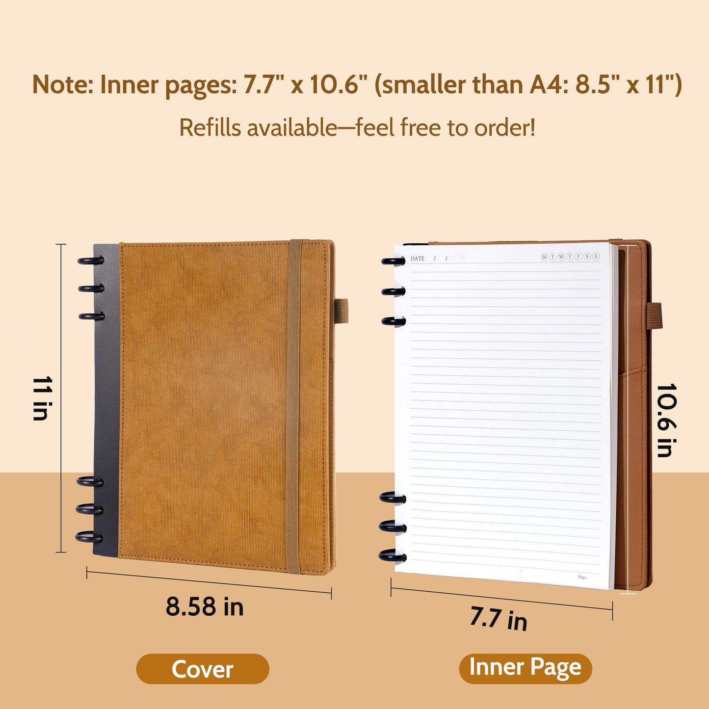 Yoment Refillable Notebooks for Work Discbound: Hardcover Notebook with 5 Subject Removable Dividers Tabs Colleged Ruled Large Journal for Writing Women Men 240 Pages,Brown