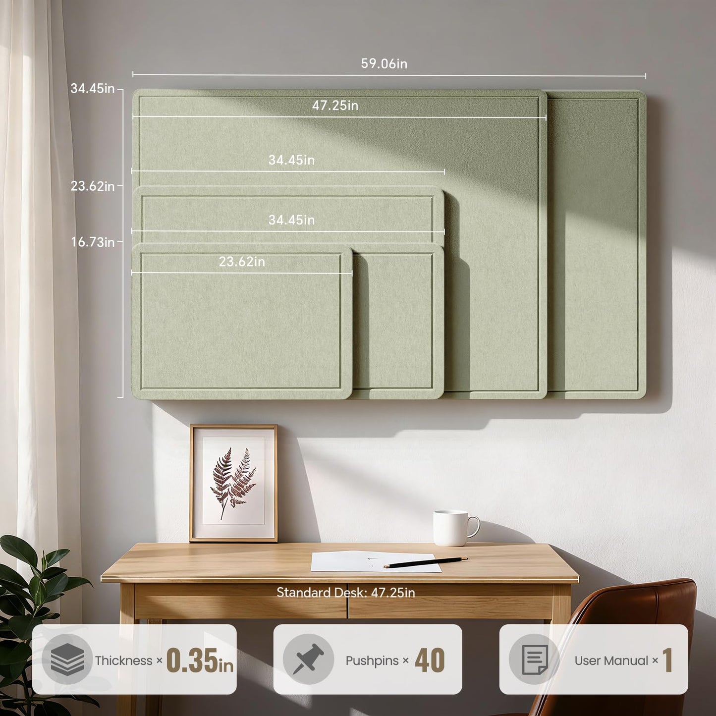 Large Bulletin Board, 35 X 17 Inches Felt Cork Board with 40 Pushpins, Foldable Felt Notice Pin Board Photo Display Board with Self-Adhesive Tape for Office Home School (Sage, 35x17 inch)
