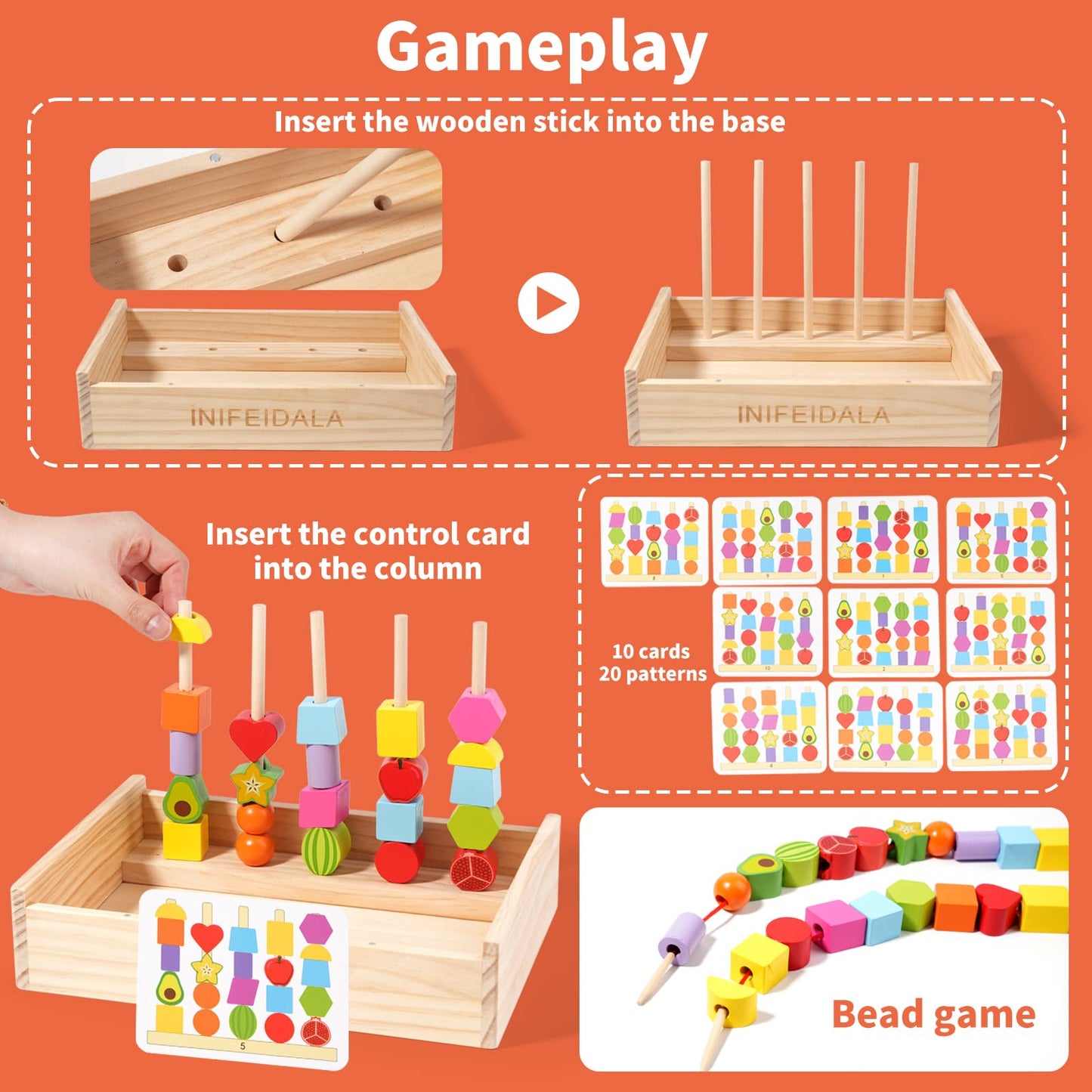 INIFEIDALA Montessori Toys for 3 4 5 Year Old,Stacking Blocks,Lacing Beads & Shape Stacker,Wooden Beads Sequencing Toy Set,Fine Motor Skills & STEM Preschool Learning Gifts for Toddlers Boys & Girls