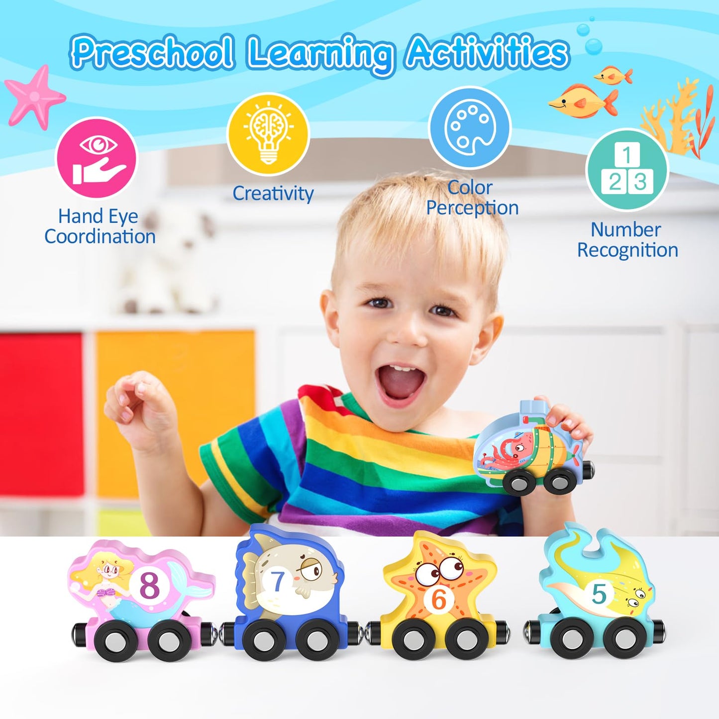 Zeoddler Toys for Toddlers, 11 Magnetic Wooden Sea Animals Train Set, Montessori Toys for Toddlers, Educational Activities for Kids, Birthday Gifts for Boys, Girls
