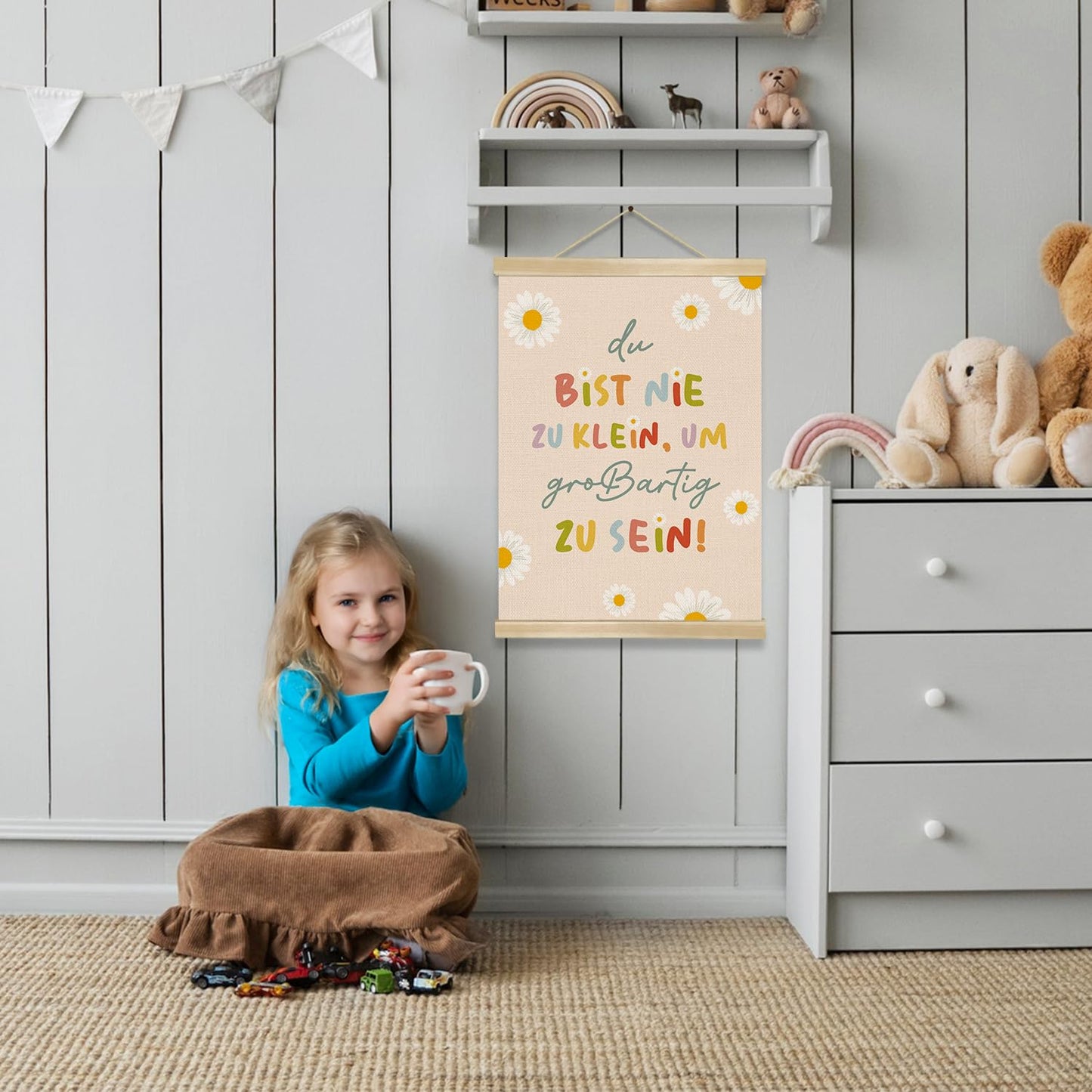 You found a duck Motivational Wall Art,German Positive Quote Linen Wall Hanging Poster,Cute Daisy Flowers Poster Decor for Nursery, Kids’ Room, Playroom, or Classroom (LYK08)