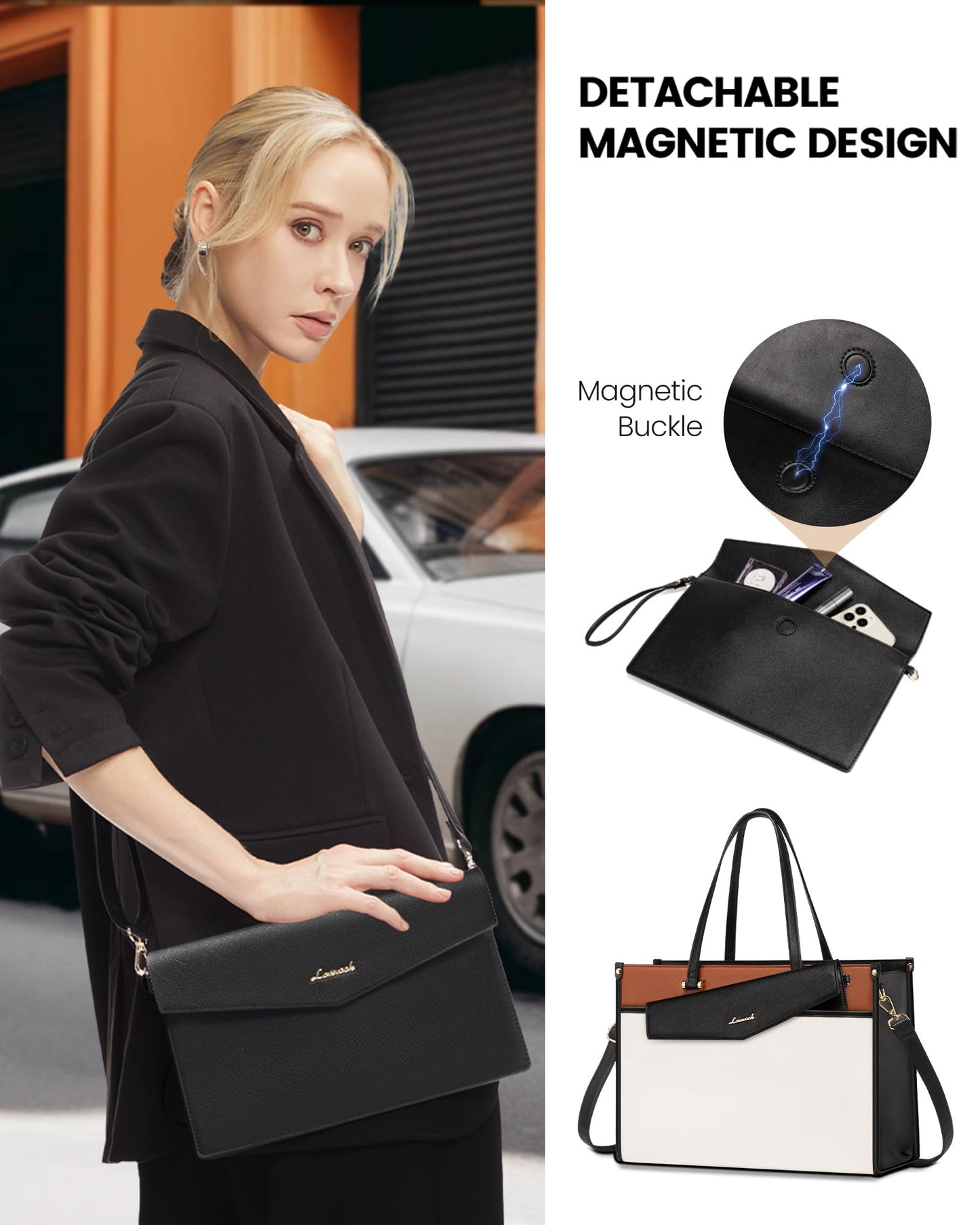 LOVEVOOK Laptop Bag for Women, 15.6'' Laptop Tote Purse 2-in-1 Professional Work Bag Business Briefcase with Clutch Purse, Waterproof Leather Computer Handbag for Teacher Office Travel