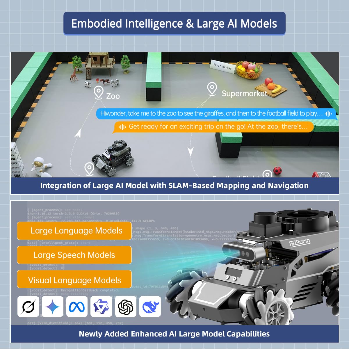 HIWONDER ROS2 Robot Car for Jetson RPi Gemini ChatGPT Large AI Models Depth Camera SLAM Mapping Autonomous Driving Programming Education 3-in-1 Chassis Car, ROSOrin Advanced Kit & Jetson Orin Nano 8G