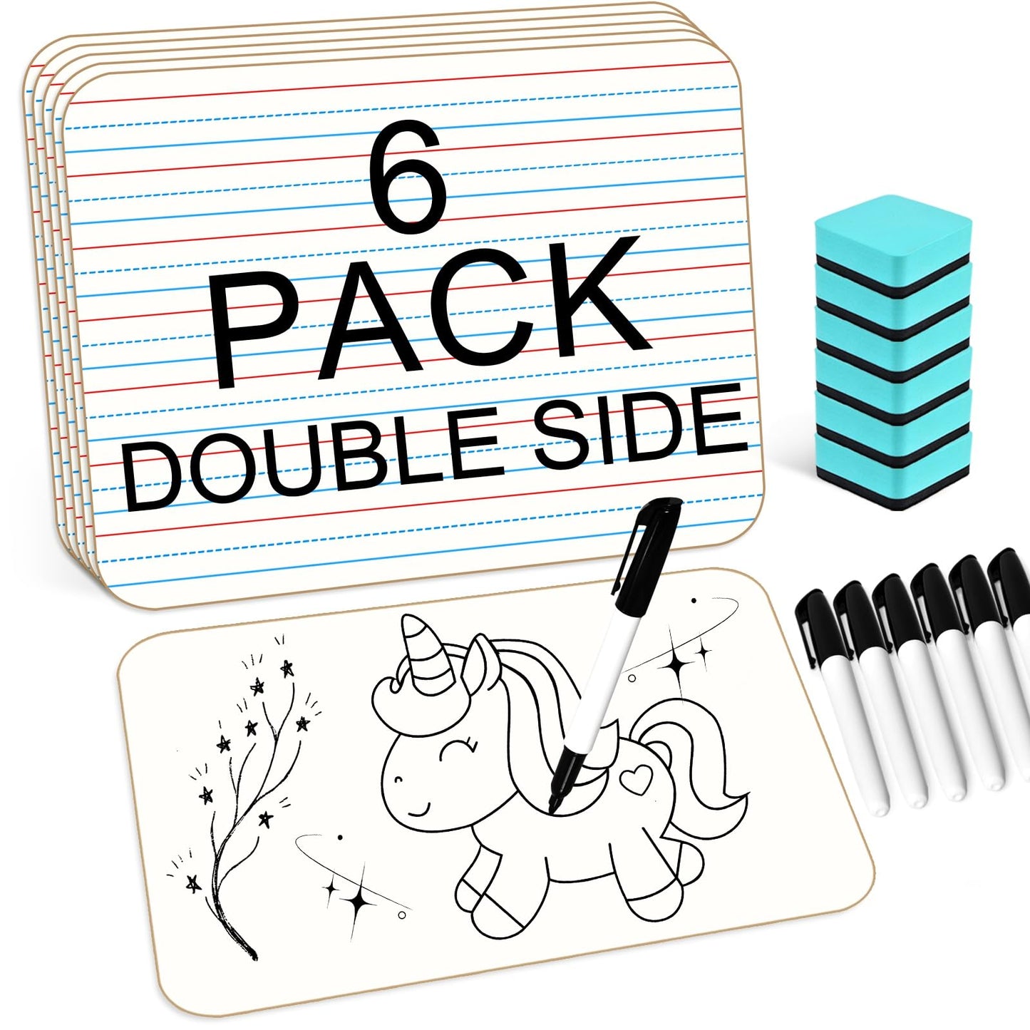 COYMOS 6 Pack Small White Board with Lines 9 x 12 Inch Double Sided Mini Dry Erase Board Classroom Pack Portable Dry Erase Lapboard for Kids Teacher Supplies with 6 Erasers and 6 Markers