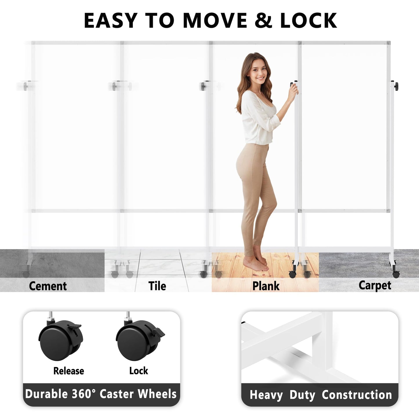 Large Rolling Whiteboard on Wheels, 48" x 24" Height Adjustable Mobile White Board with Stand, 4' x 2' Portable Standing Magnetic Dry Erase Board Easel for Home Office Classroom School, Silver