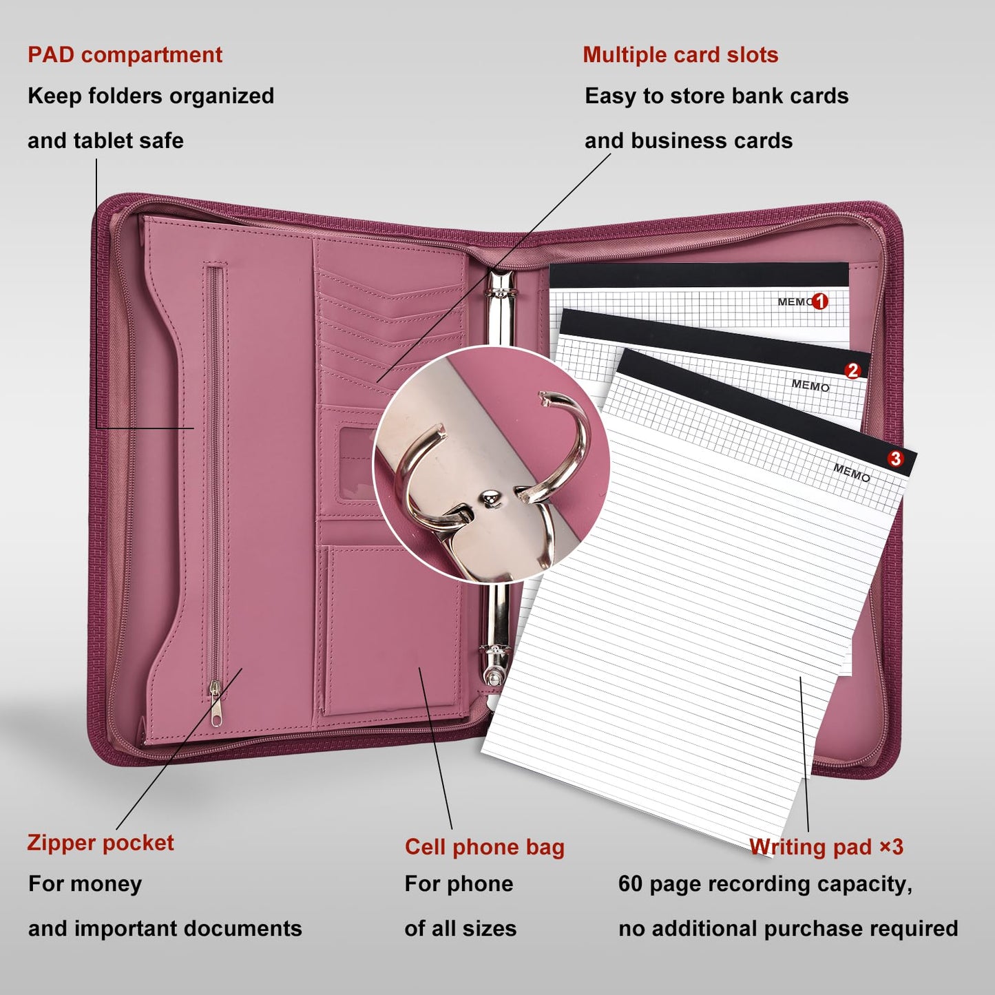 Leathario Portfolio Binder, Includes 5 Folder Index Dividers and 3 Notepads, 3-Ring Folder Organizer, Padfolio with Zipper, Vegan Leather Tablet Sleeve, Business Office Conference Clipboards