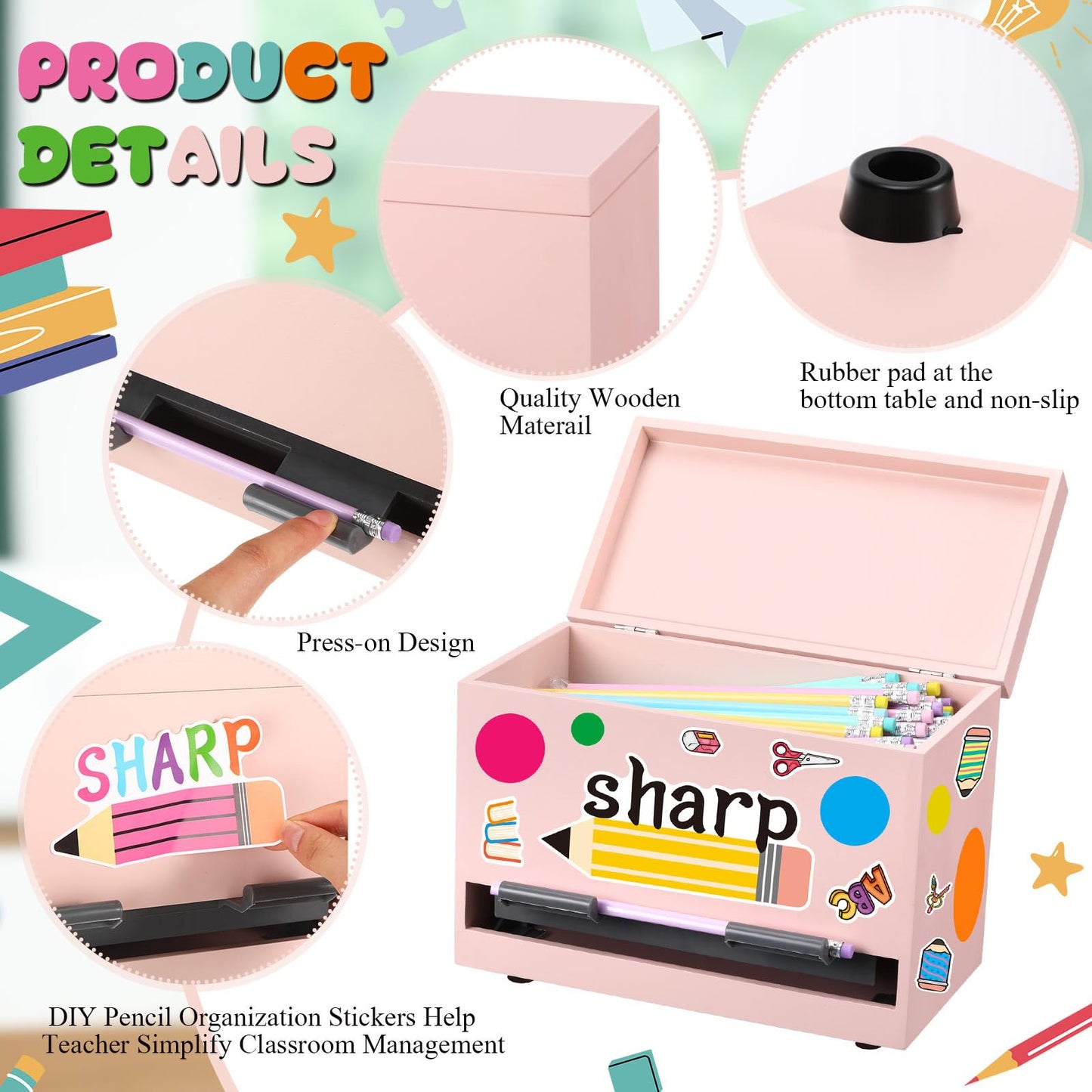 Watersay 108 Pcs Pencil Dispenser Kit for Classroom Wooden Sharp and Dull Pencil Holder 50 Pencils 50 Sharpener 6 Sticker Classroom Teacher Must Have Straw Dispenser for Back to School(Light Pink)