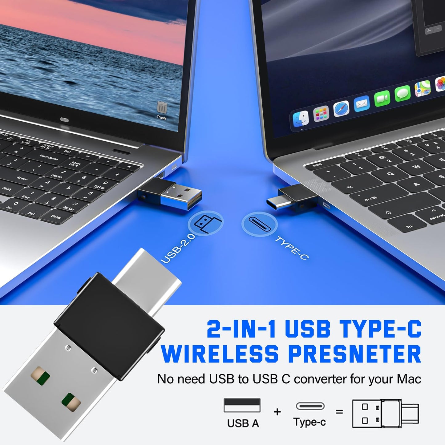 2-in-1 USB Type C Presentation Clicker Wireless Presenter Remote Clicker for PowerPoint Presentations with Clicker, RF 2.4GHz USB C PowerPoint Clicker Slide Advancer for Computer/Mac/Laptop