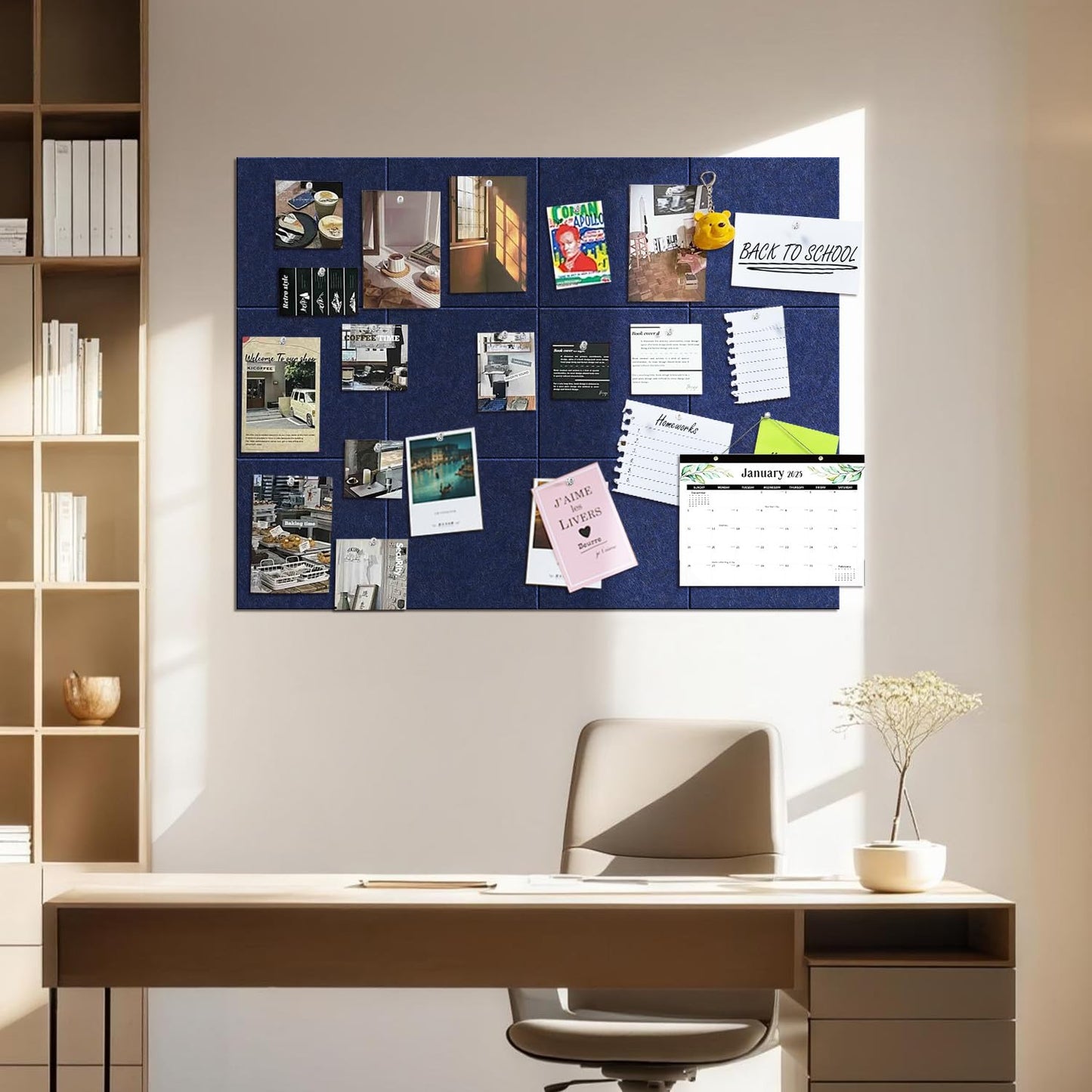 TSJOFFICE Large Cork Board for Wall - 48" x 36" Bulletin Board with 50 Pushpins for Office Decor, Pin Board 12 Pack Felt Wall Tiles with Safe Removable Adhesive Tabs, Corkboard for Home - Navy Blue