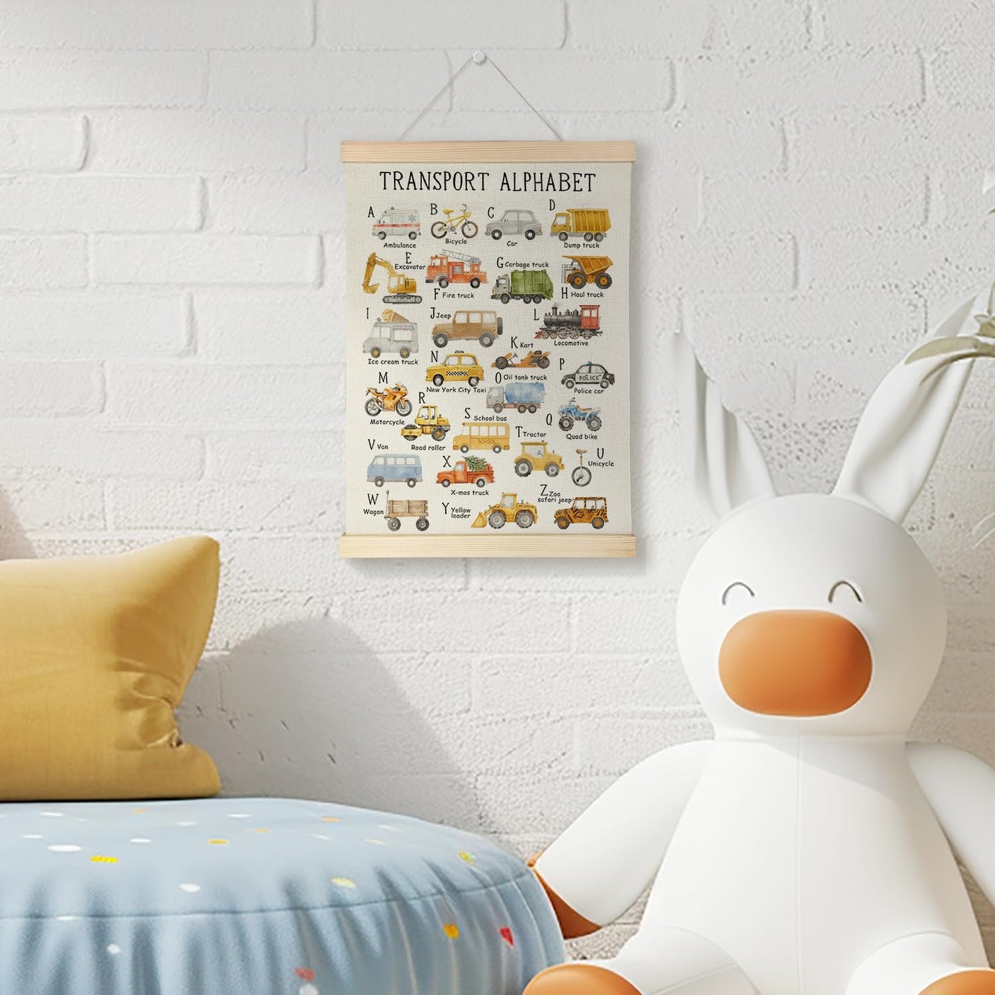 Nrleey Transport Alphabet Poster for Toddlers - ABC Posters for Toddlers, Educational Banner Poster Hanger Frame for Kids, Construction Decor for Boys Room Playroom Wall Art, 12x16 Inches