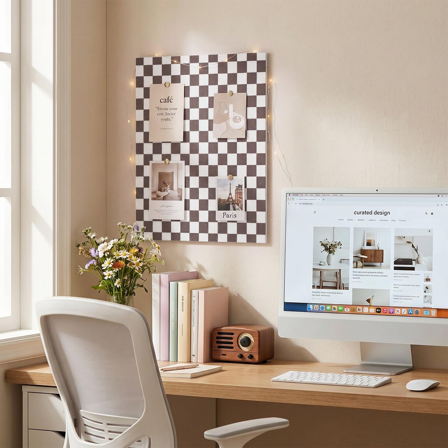 Chicplaid Gingham Cork Bulletin Board 16'' x 12'' Decorative Felt Pin Cork Board Alternative for Wall Checkboard Office School Home Vision Decoration(Brown)