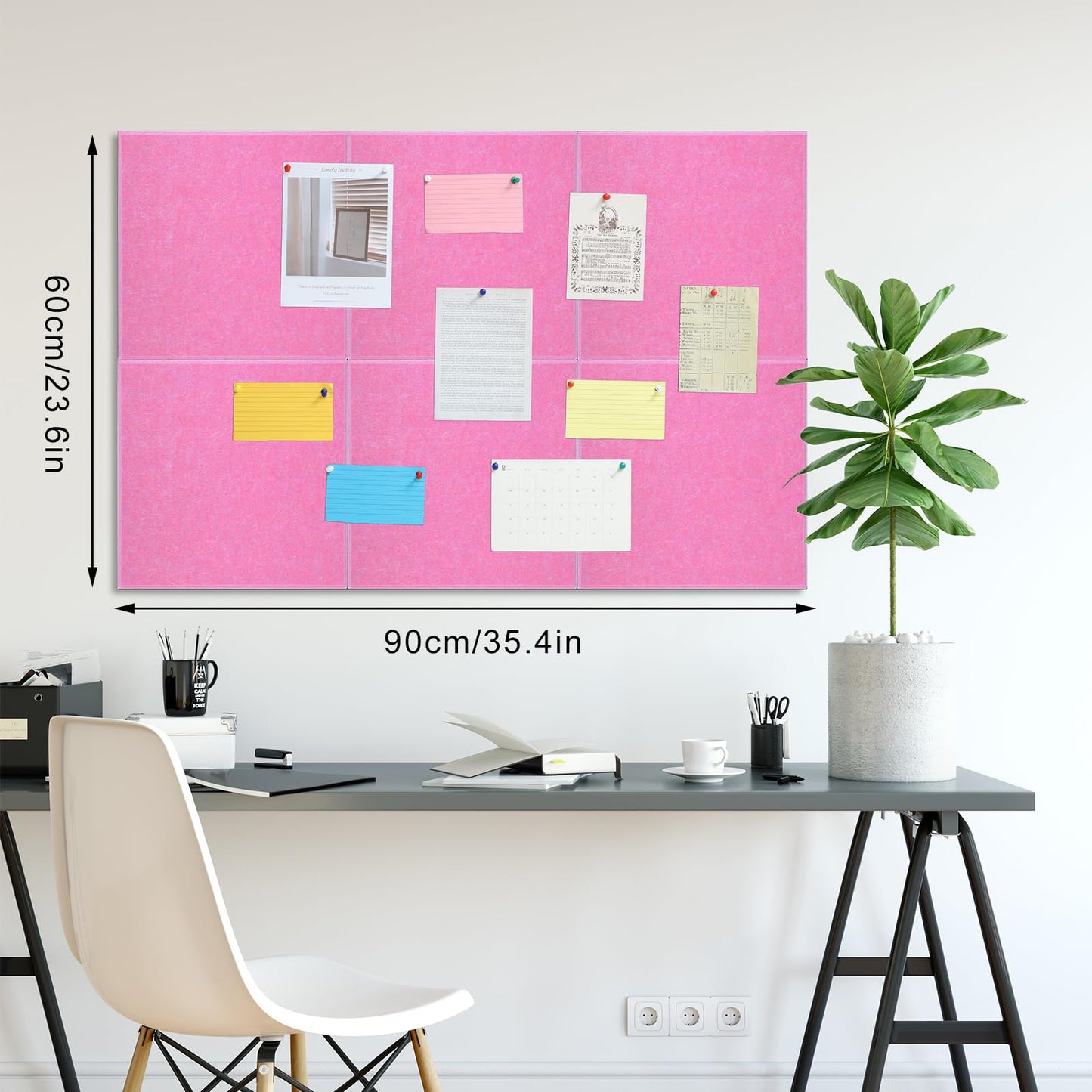 Large Cork Board 36" x 24", 6 Pack Felt Bulletin Board with 30 Pushpins, Cork Boards Alternative with Self-Adhesive Strips, Felt Wall Tiles Pin Boards for Walls Office Home School Decor-Hot Pink