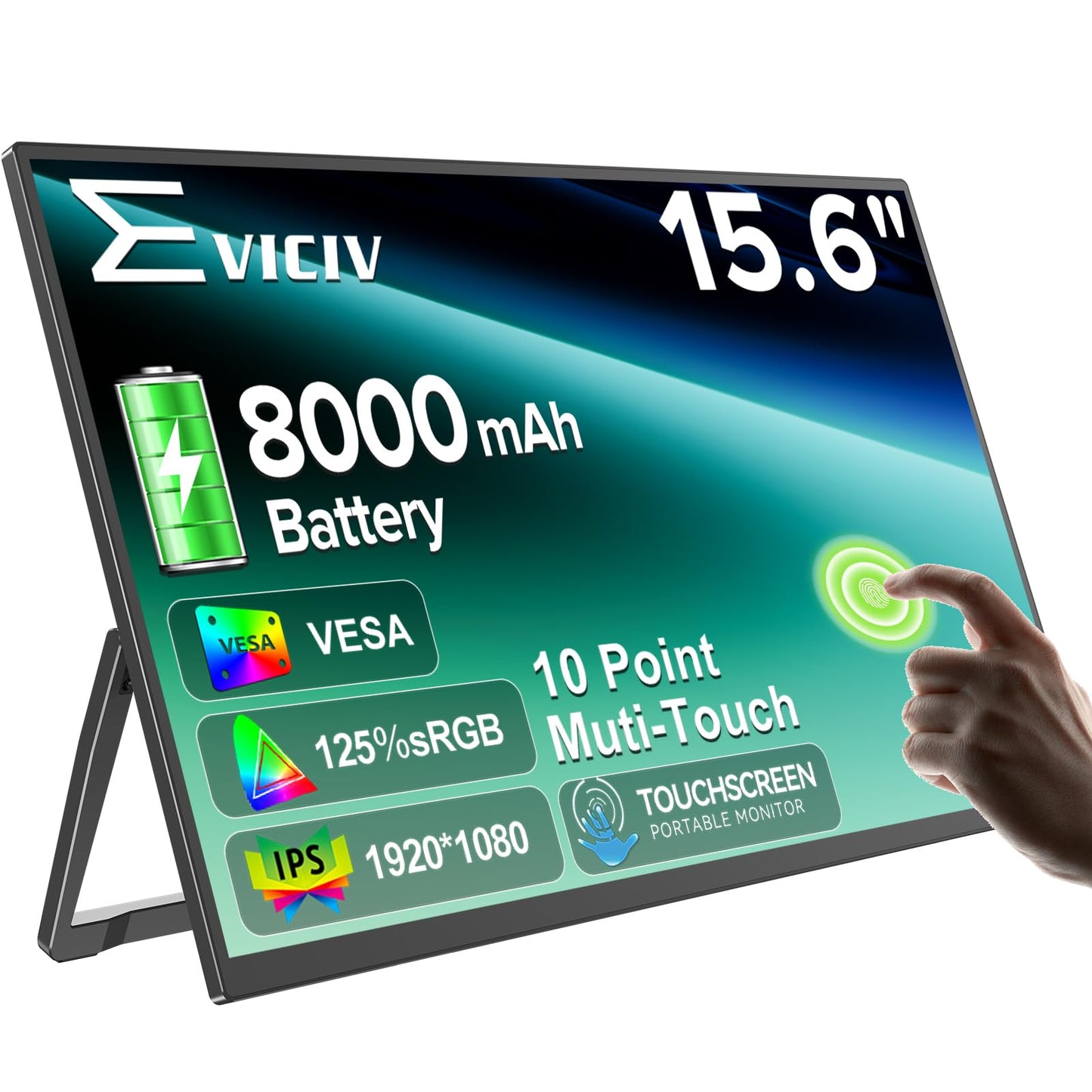 Portable Monitor Touchscreen with Battery 8000mAh, 15.6” 125% sRGB Ultra-Slim 10-Point Touch Screen Monitor, USB-C & MINI HDMI, VESA & Stand, Travel Second Screen for Laptop, Computer, Game Consoles
