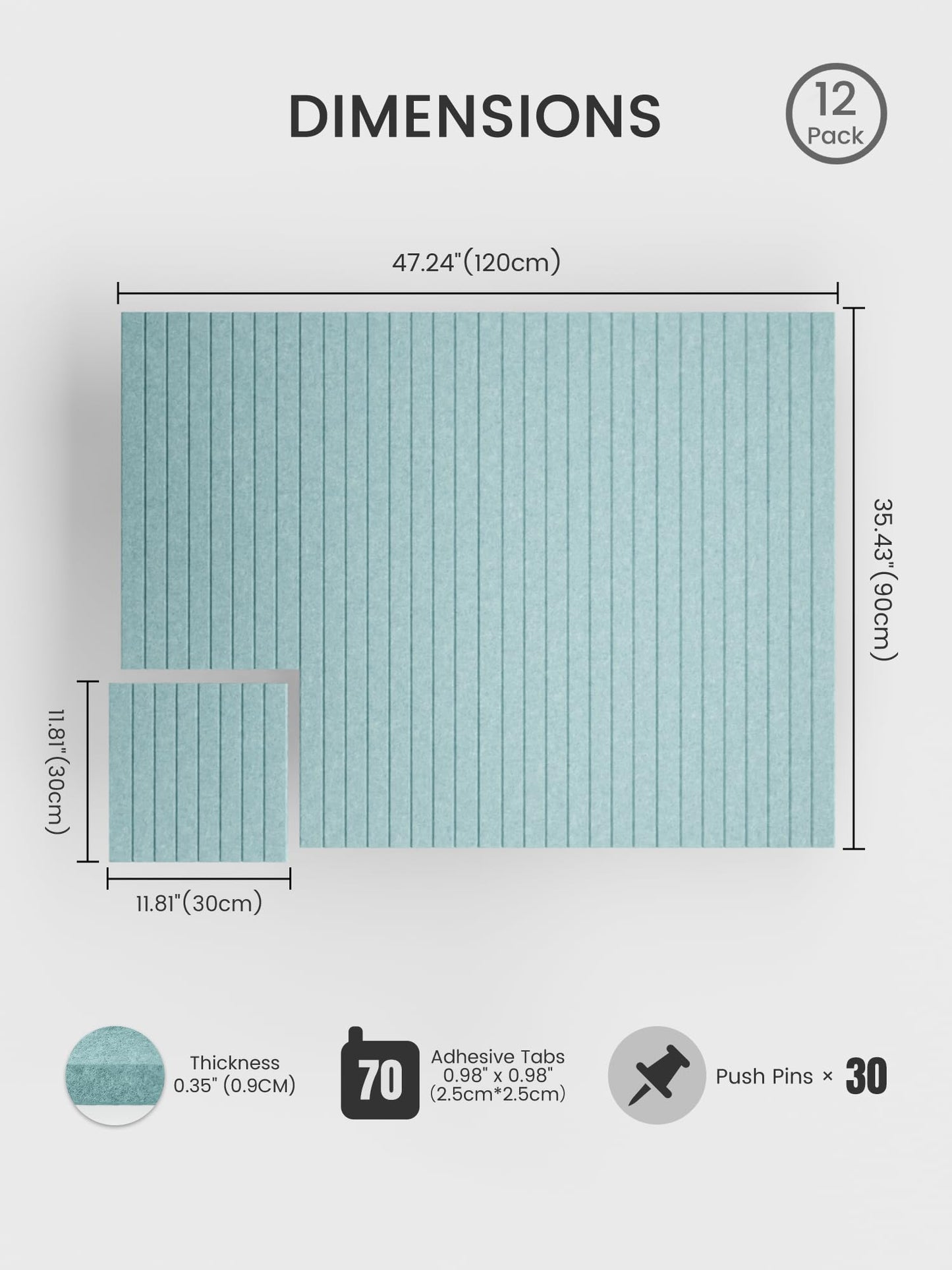 Bumusty Large Cork Board Alternative-48 x 36" Felt Bulletin Board Tiles, with 30 Pushpins, 70 Adhesive Tabs, Fine-Stripe 12-Pack, Cork Boards for Office Push Pin Board Felt Board-Aqua Blue