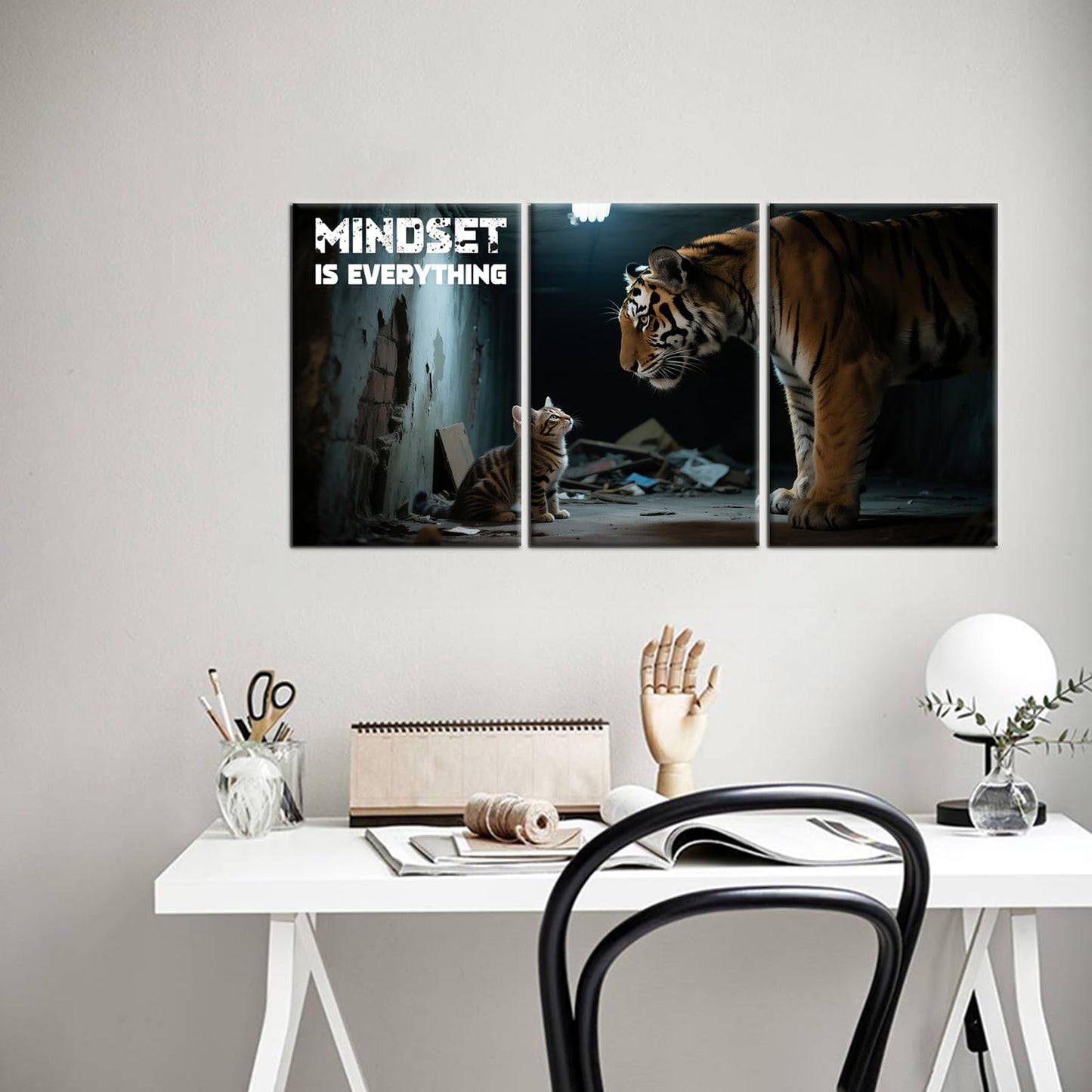 YSPCSUN Inspirational Canvas Wall Art Mindset Is Everything Motivational Office Decor Cat Thinking Like Tiger Success Pictures Framed Large Business Entrepreneur Wall Painting, 48x24 Inch