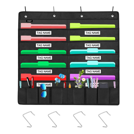 Sinzip Heavy Duty 10 Pocket Door Hanging File Organizer with Name Tag Holders, Black Wall Storage Pocket Charts with 4 Hangers, Great for Classroom, School, Home or Office Use (10 Nametag Pocket)