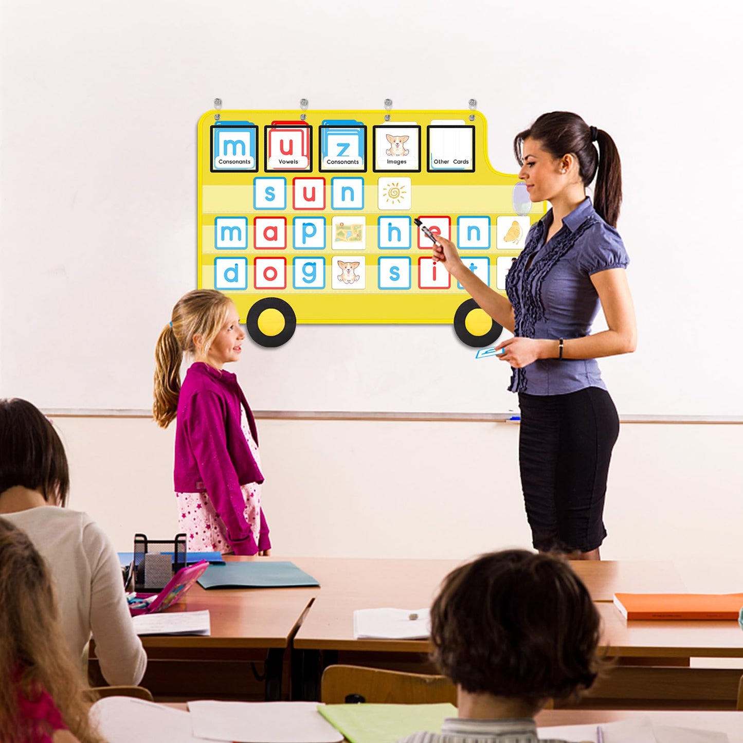 Pocket Chart for Classroom, 33 ⅞ " x 22" Large School Bus Shaped Pocket Charts for Kids, Back to School Supplies, Classroom Decor Hanging Pocket Charts with 8 Sentence Strips Holder (Yellow)