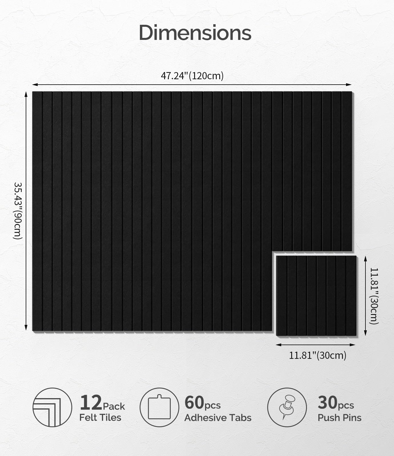 Bounmer Large Cork Board Alternative 48“ x 36”, 12-Pack Felt Bulletin Board Tiles with 60 Safe Removable Adhesive Tabs & 30 Pushpins, Cork Boards for Office Walls Decor (Black)