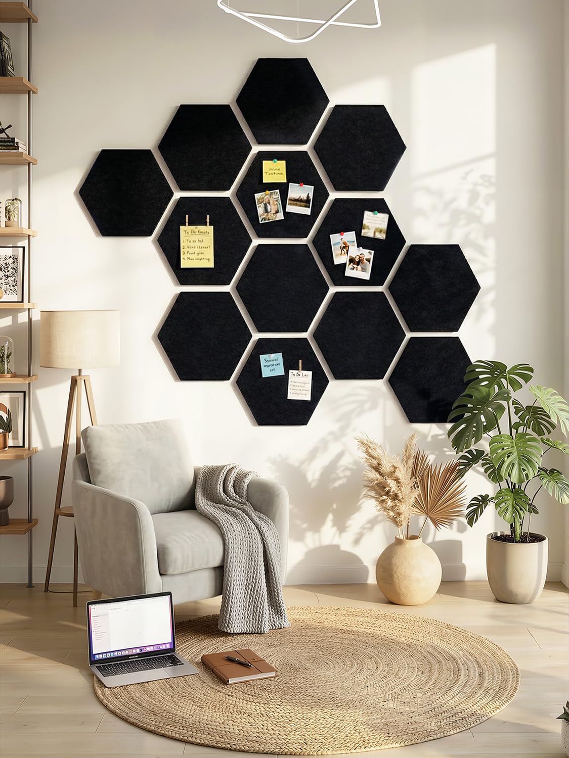 8 Pack Hexagon Felt Bulletin Board Tiles - 11.8" Large Thick Pin Board for Walls with 30 Push Pins, DIY Boards for Office Home School Decor, Aesthetic Hex Cork Board Alternative