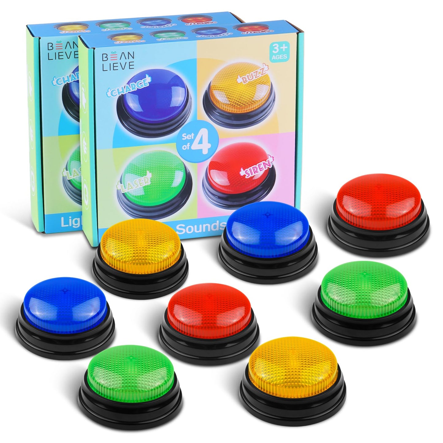 BEAN LIEVE 8-Pack Game Buzzers with 4 Colors & 4 LED Lights Brighter, Portable Answer Buzzers for Classroom Family Game Night Party Trivia, Light Up Buzzer Buttons for Family Feud Jeopardy Style Games