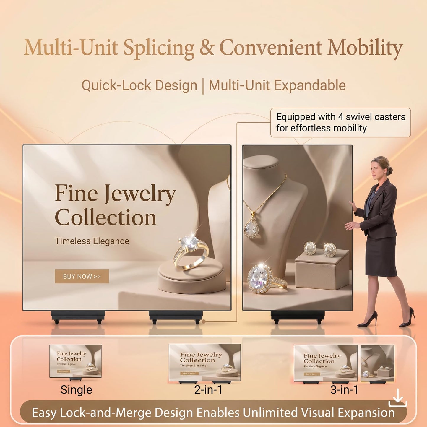 91" LED Digital Signage Display with Flight Case, Triple Foldable Spliceable LED Poster Screen,GOB Commercial Kiosk, Smartphone One-Cick Control, for Events, Rentals