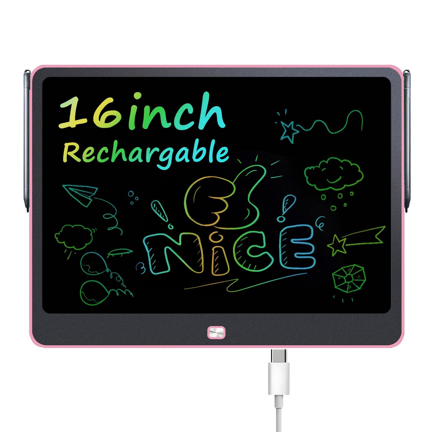 Rechargeable LCD Writing Tablet for Kids, 16 Inch Colorful Drawing Tablet, Educational Toddler Drawing Pad, Reusable Learning Toys for Kids (Ages 3-12), Ideal Gift for Christmas Birthday (Pink)