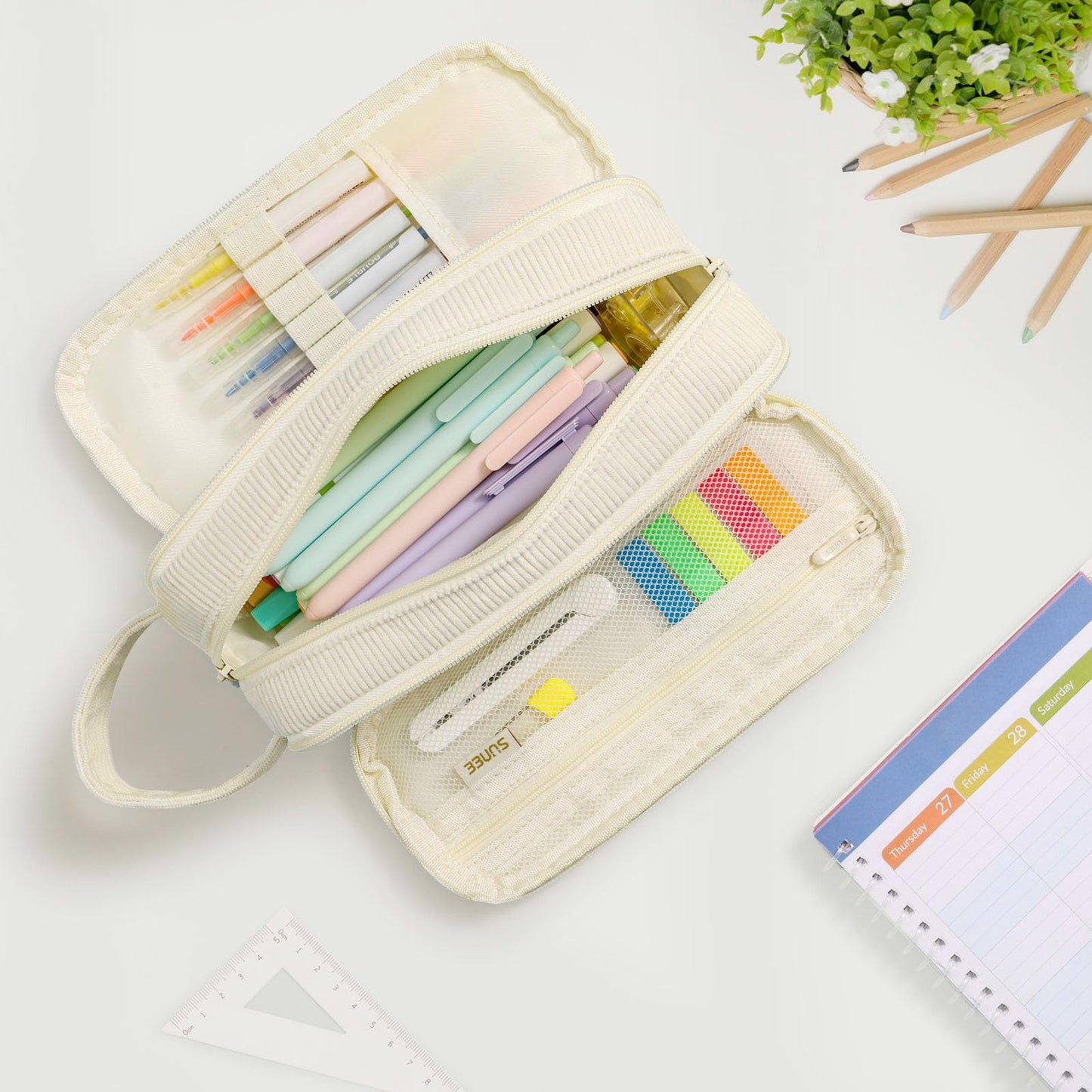 SUNEE Large Capacity Pencil Case with 3 Compartment, Extra Big Pencil Pouch, Pencil Bag with Zipper, Cute Stationery Organizer, Soft Corduroy Pen Box School Supplies for Student Teen Girls Boys, Beige